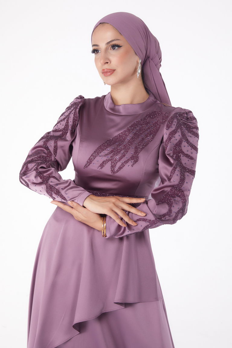 Düz Hakim Yaka Kadın Mor Taşlı Prenses abiye - 26252 - TOFİSA