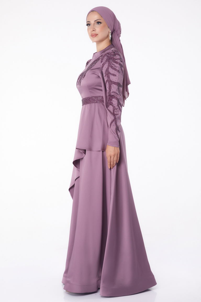 Düz Hakim Yaka Kadın Mor Taşlı Prenses abiye - 26252 - TOFİSA