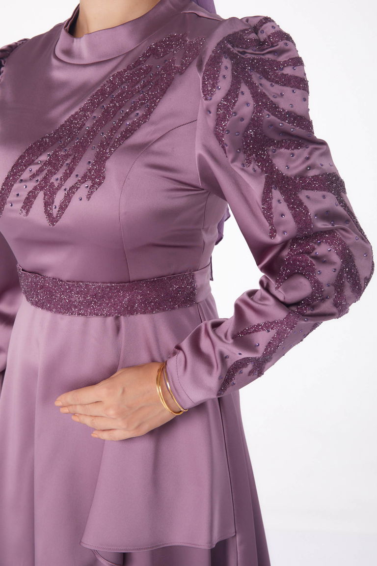 Düz Hakim Yaka Kadın Mor Taşlı Prenses abiye - 26252 - TOFİSA