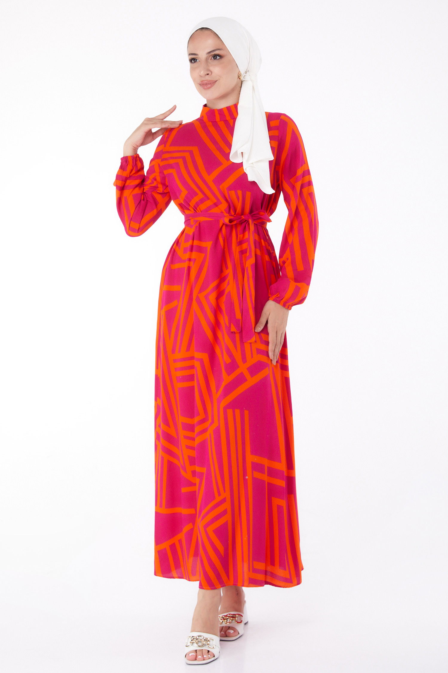 Desenli Elbise Oranj - 13268 - 1