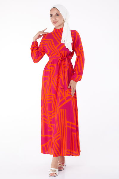 Desenli Elbise Oranj - 13268 