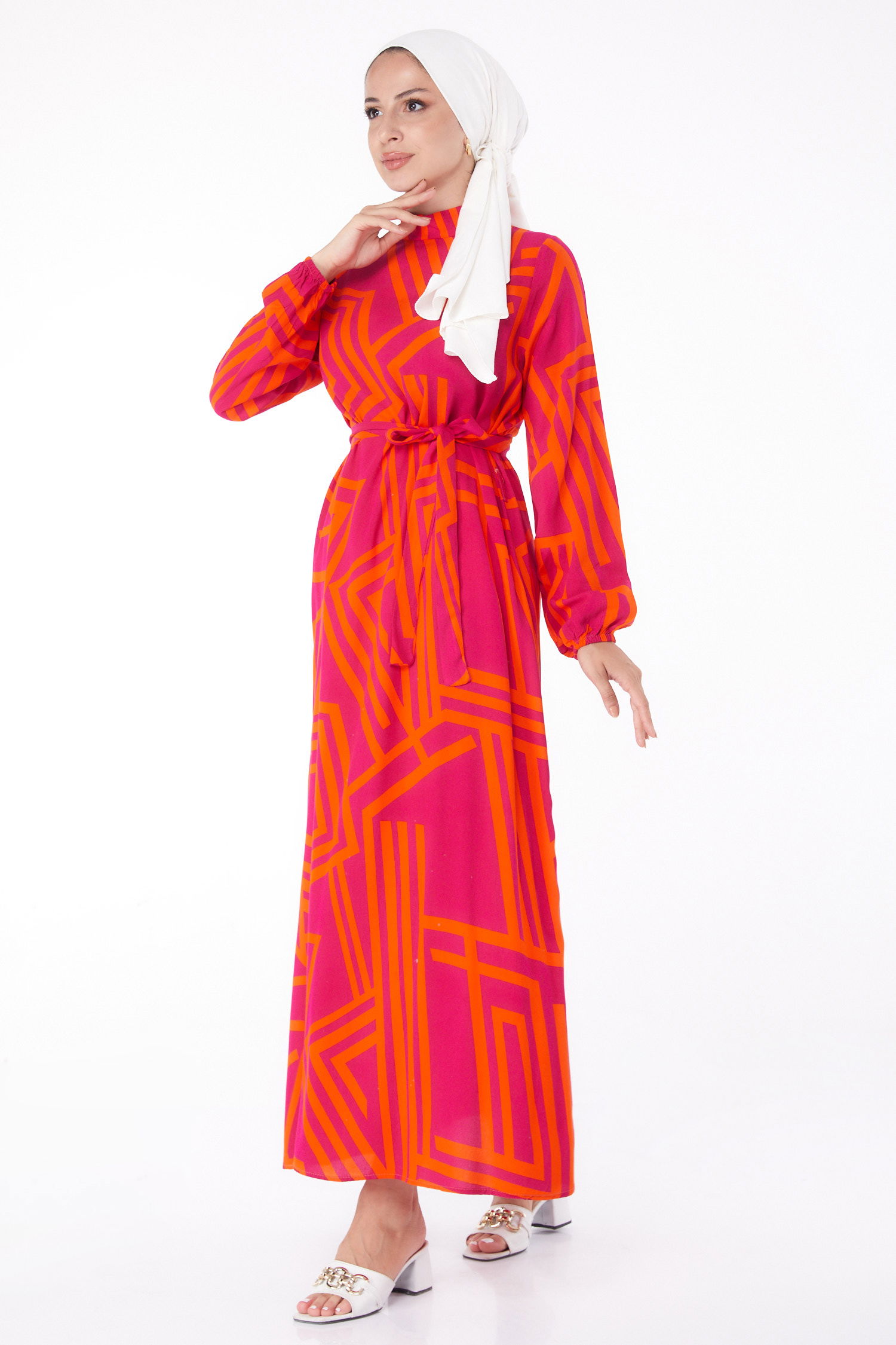 Desenli Elbise Oranj - 13268 - 2