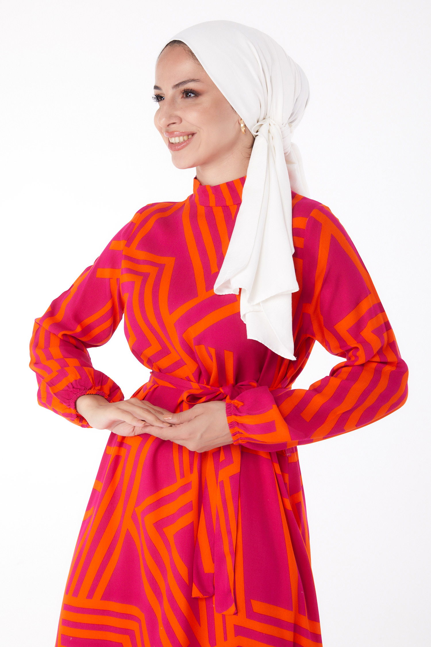 Desenli Elbise Oranj - 13268 - 3