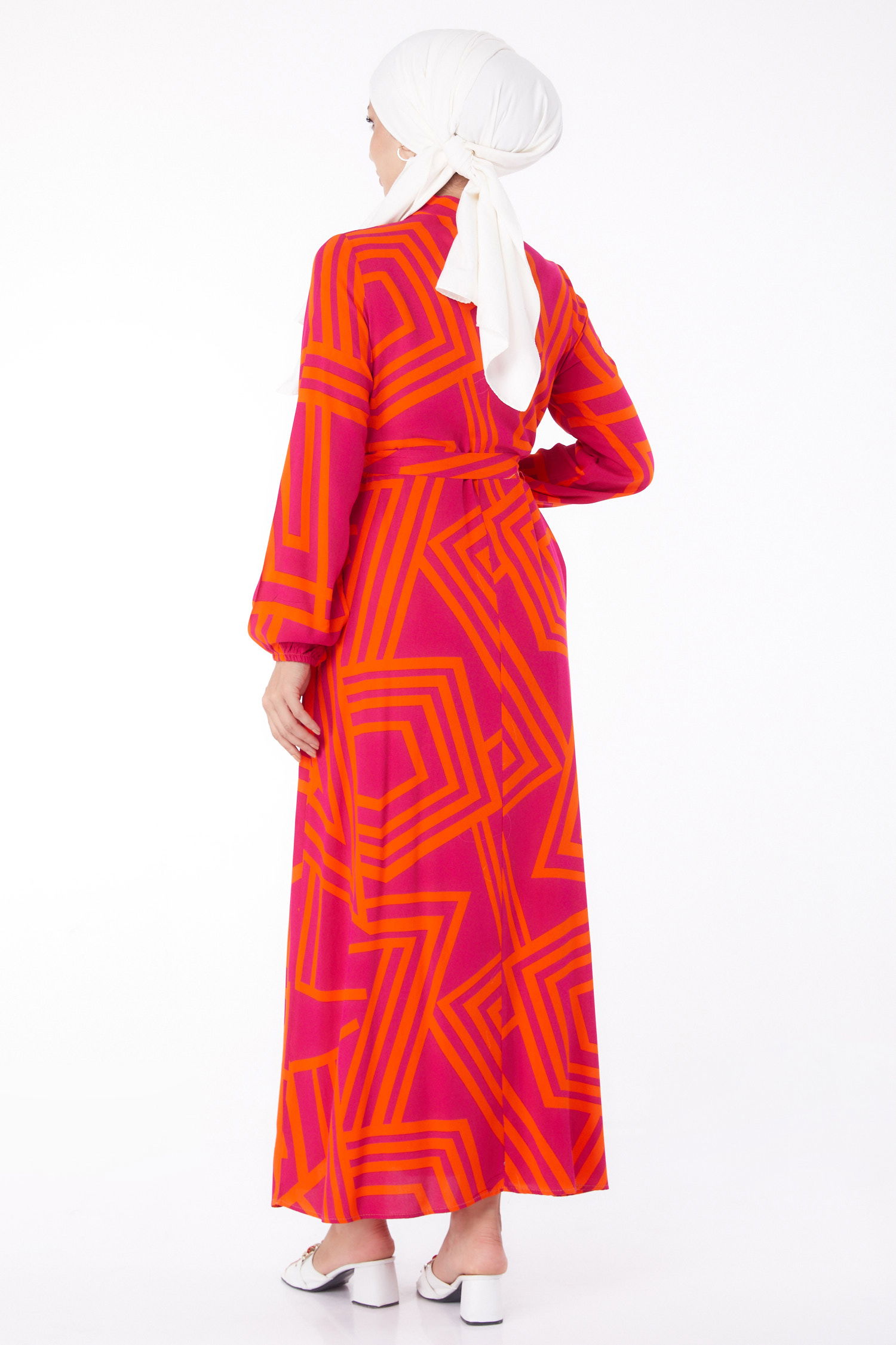 Desenli Elbise Oranj - 13268 - 5