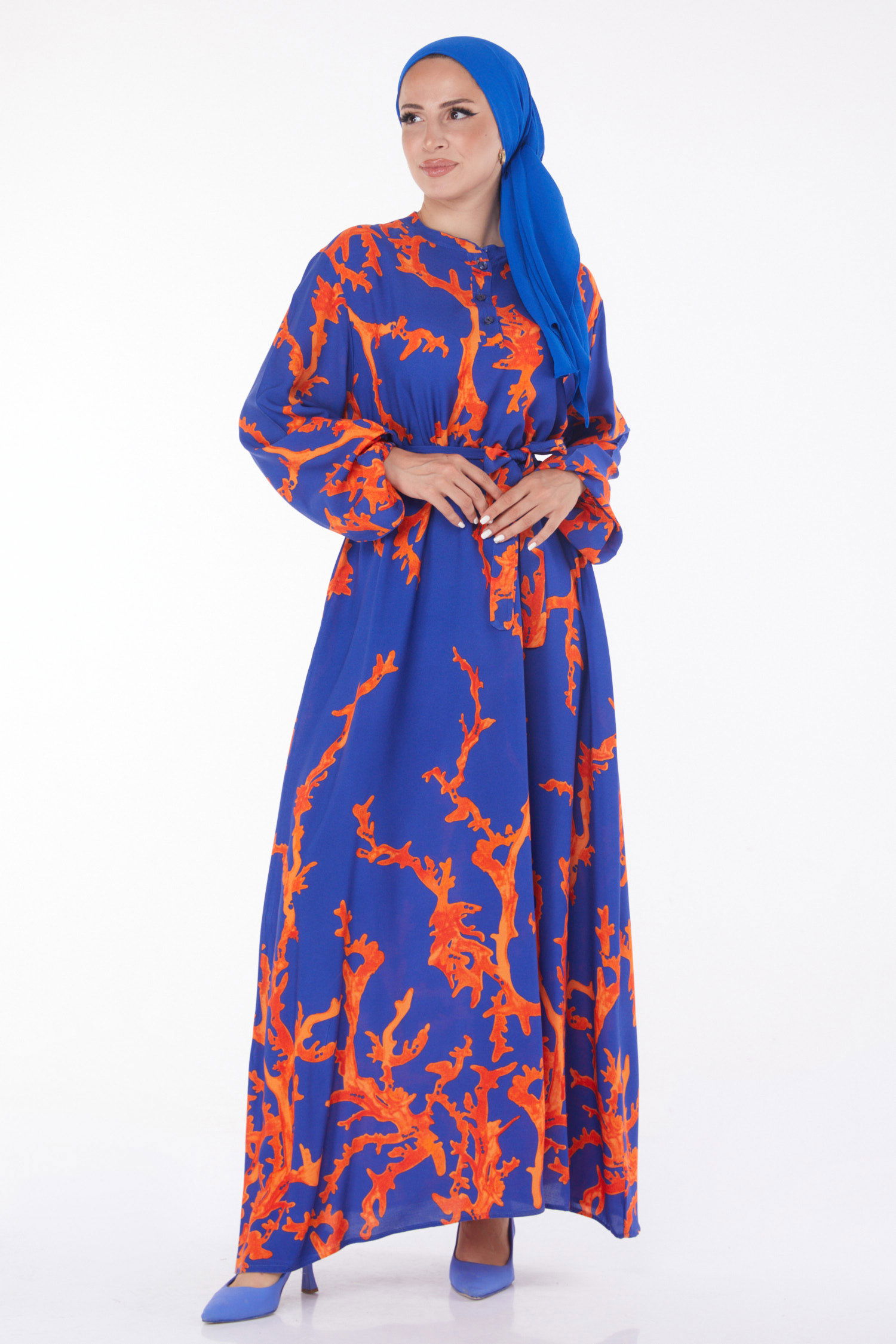 Desenli Kuşaklı Elbise Oranj - 25918 - 2