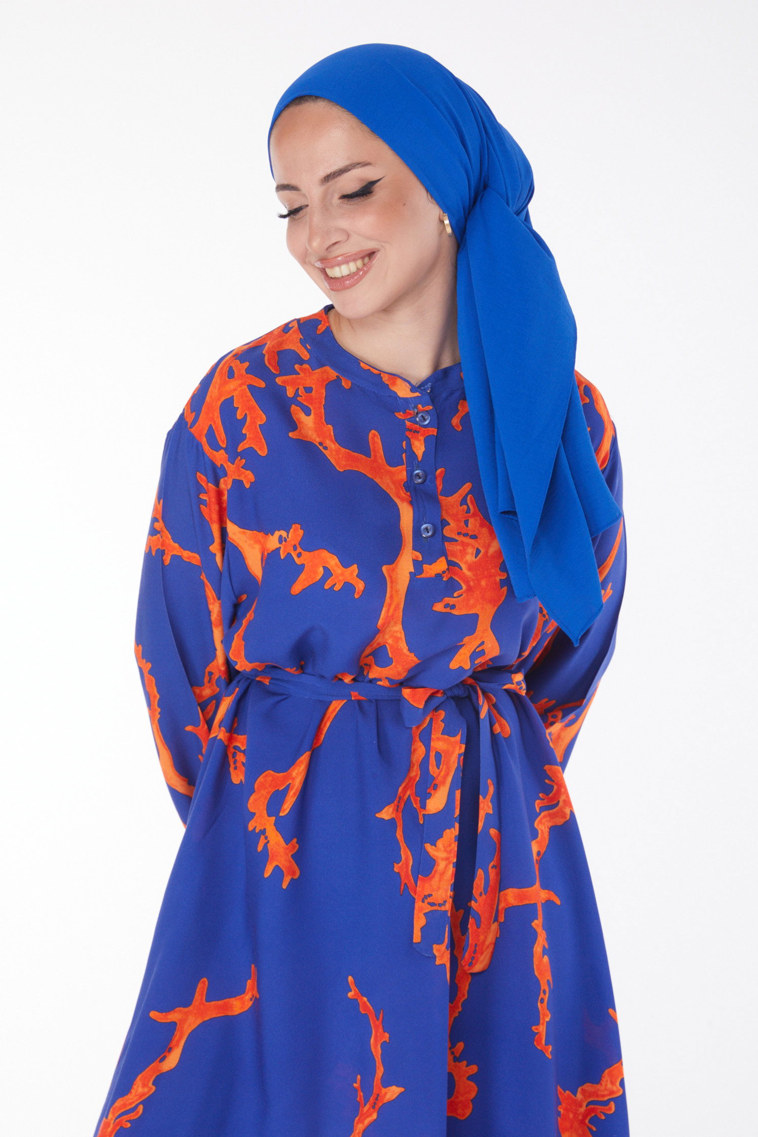 Desenli Kuşaklı Elbise Oranj - 25918 - 3