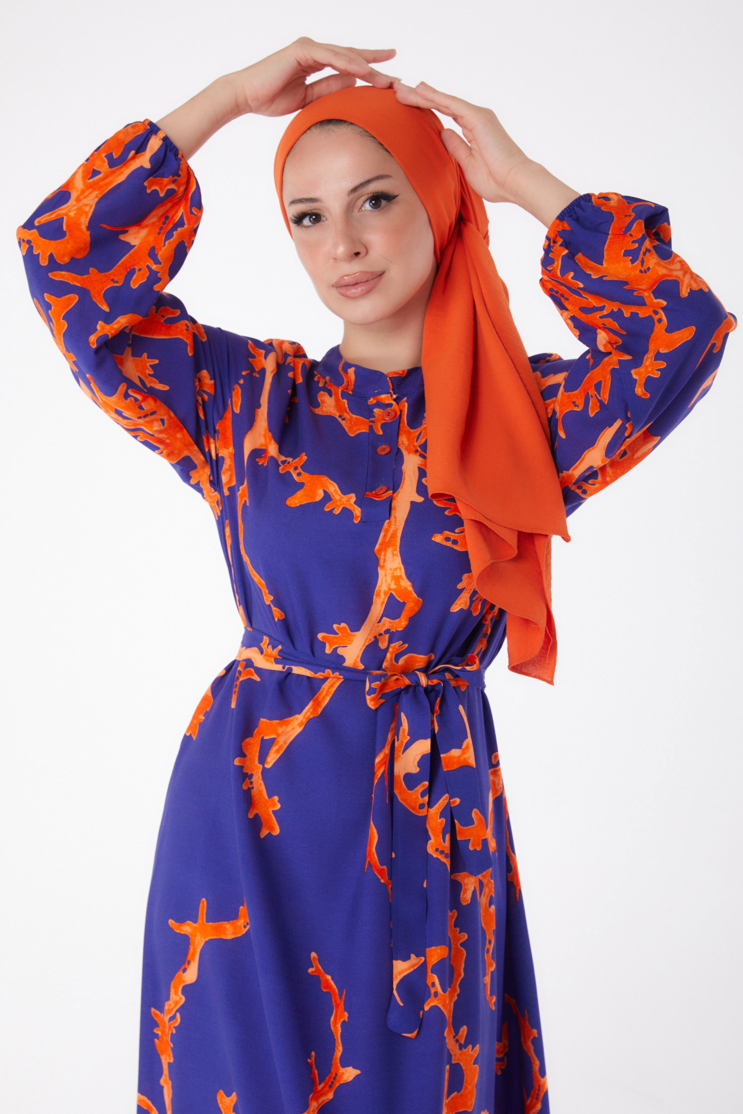 Desenli Kuşaklı Elbise Oranj - 25997 - 3
