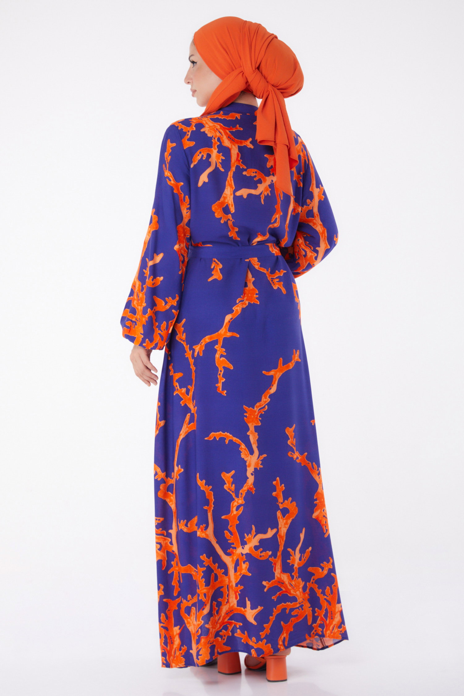 Desenli Kuşaklı Elbise Oranj - 25997 - 5