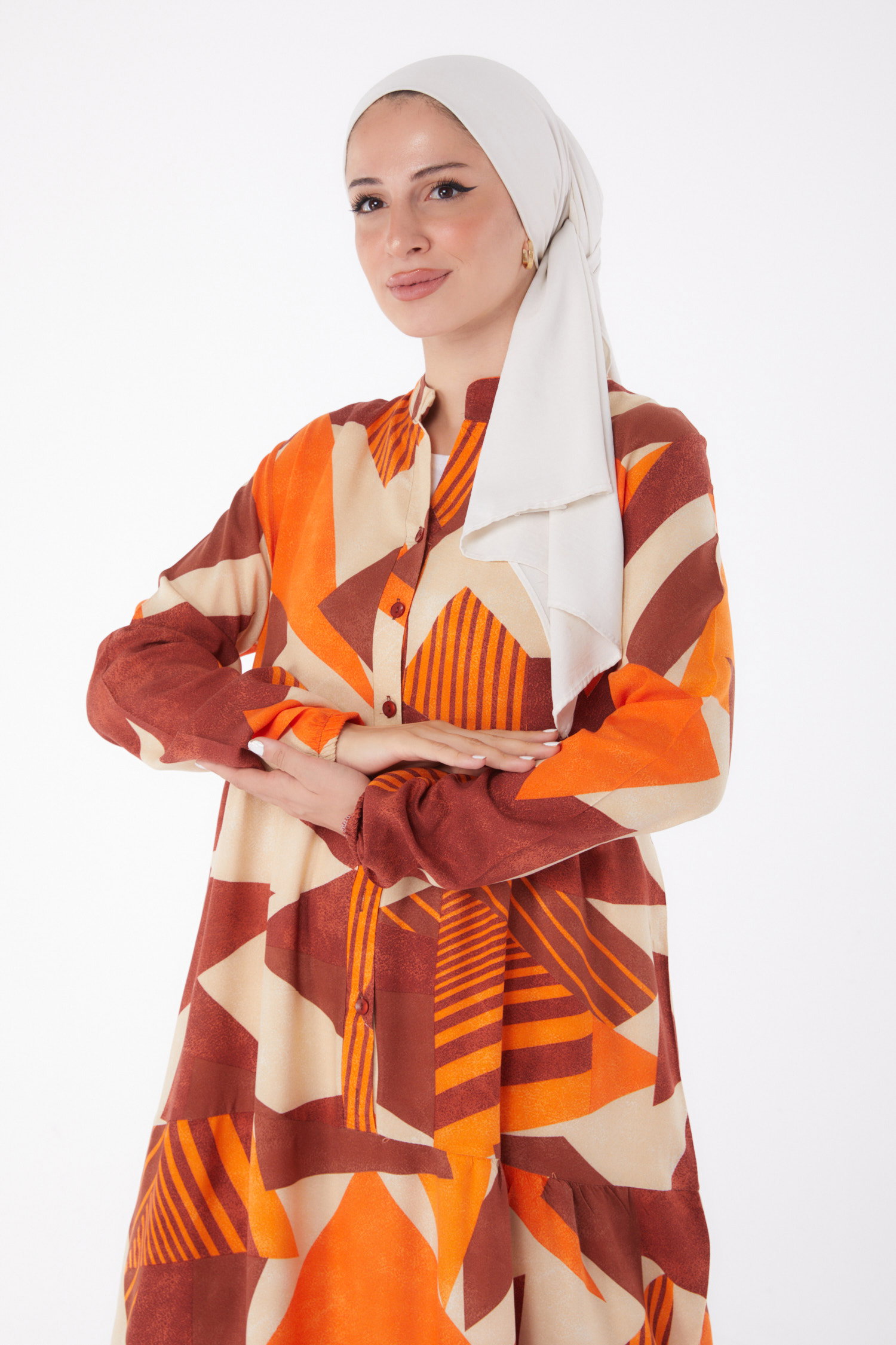 Düğmeli Desenli Elbise Oranj - 26042 - 2