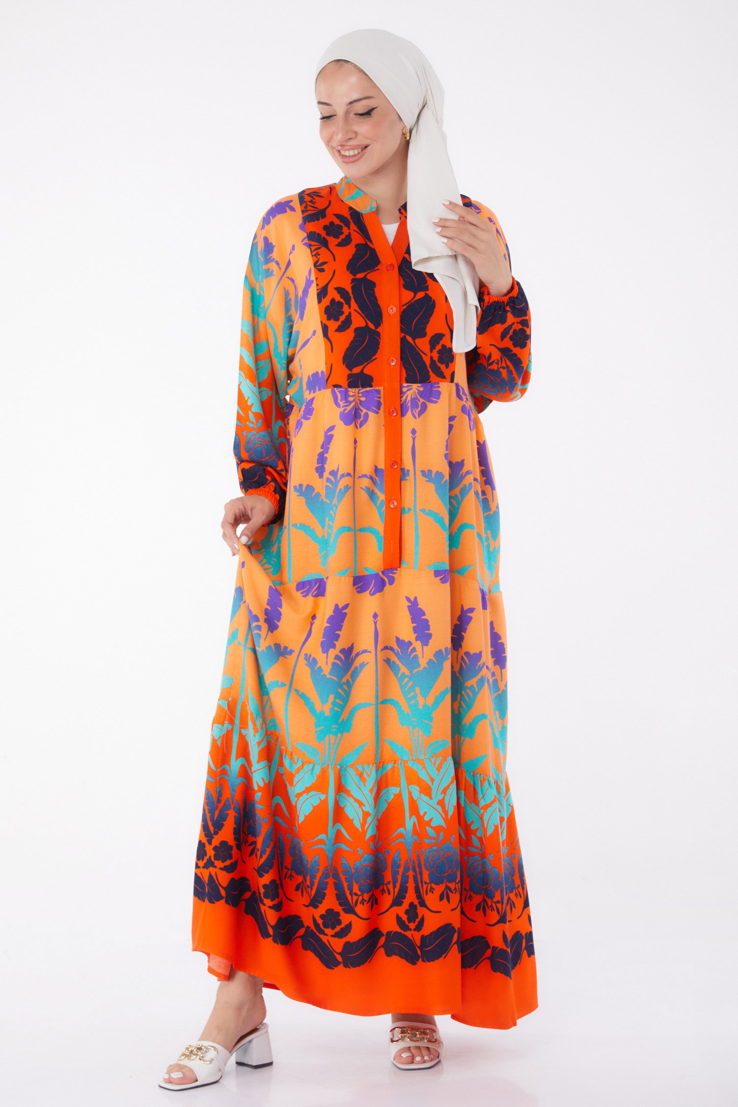 Düğmeli Desenli Elbise Oranj - 26044 - 2