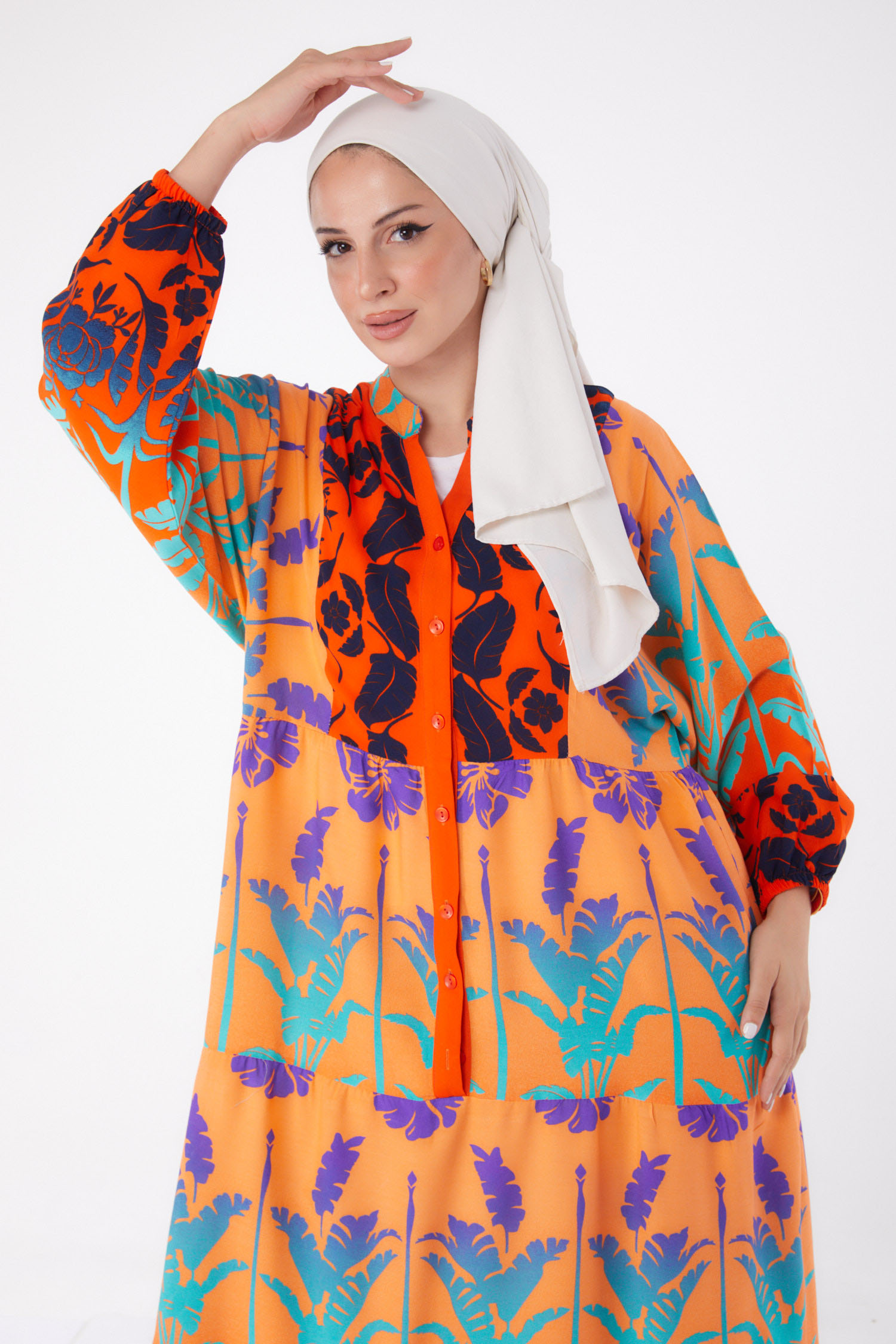 Düğmeli Desenli Elbise Oranj - 26044 - 3
