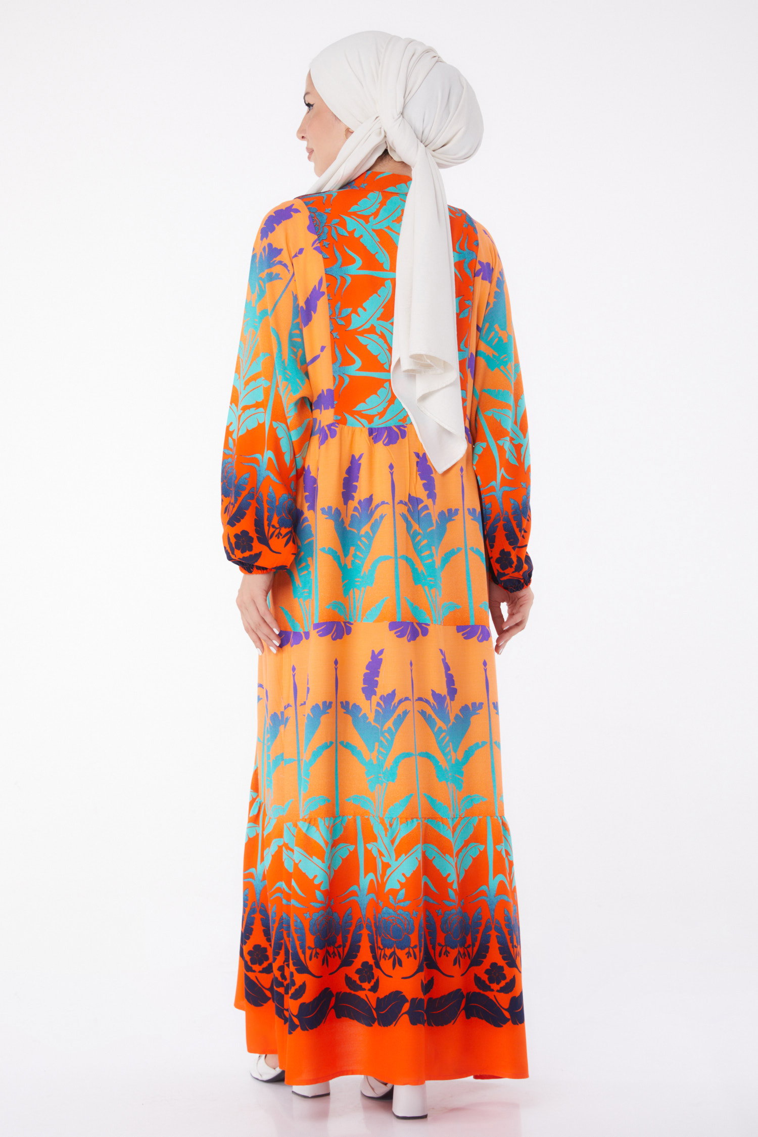 Düğmeli Desenli Elbise Oranj - 26044 - 5