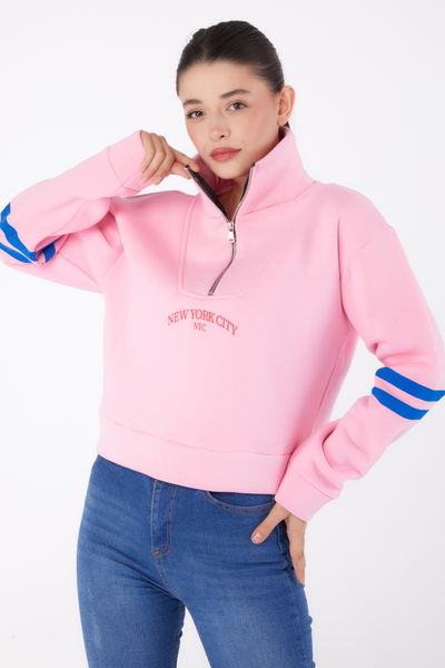 Düz Hakim Yaka Kadın Pembe Fermuarlı sweatshirt - 26381 