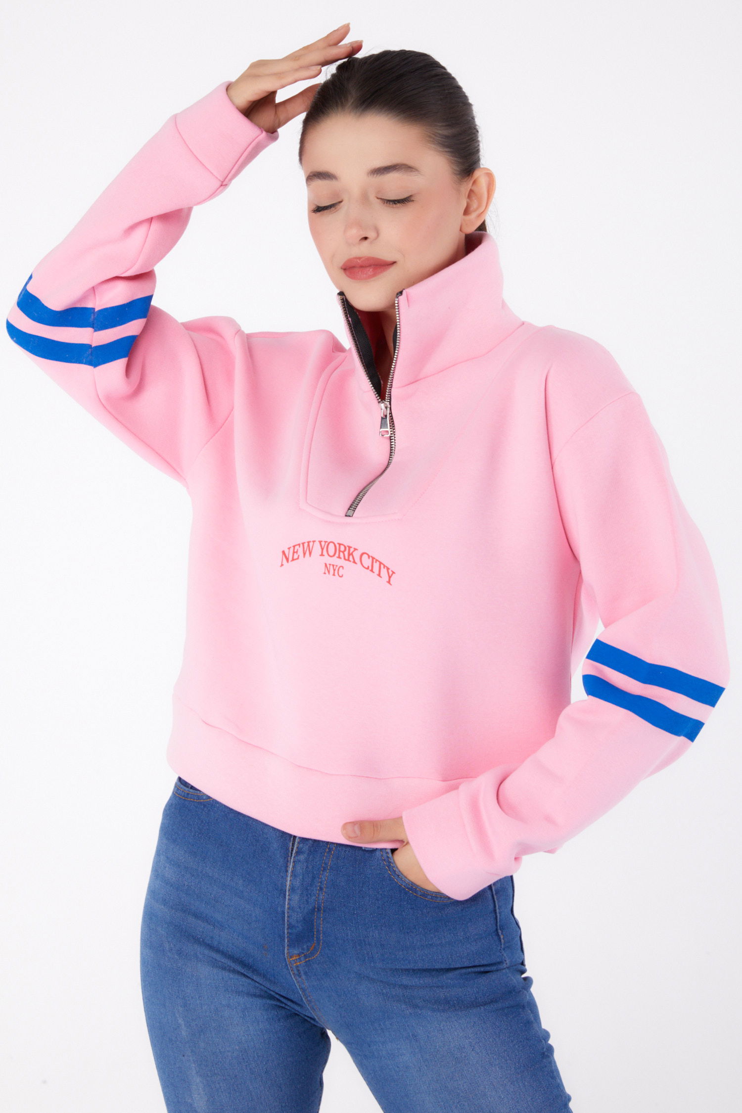 Düz Hakim Yaka Kadın Pembe Fermuarlı sweatshirt - 26381 - 2