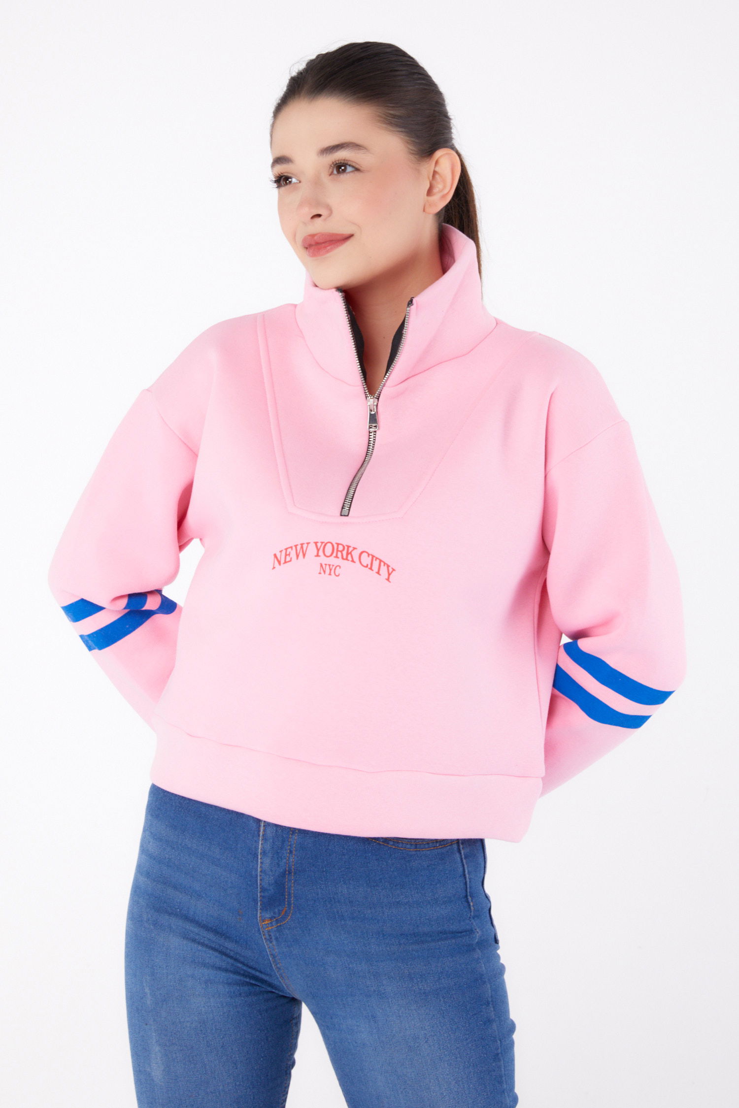Düz Hakim Yaka Kadın Pembe Fermuarlı sweatshirt - 26381 - 3
