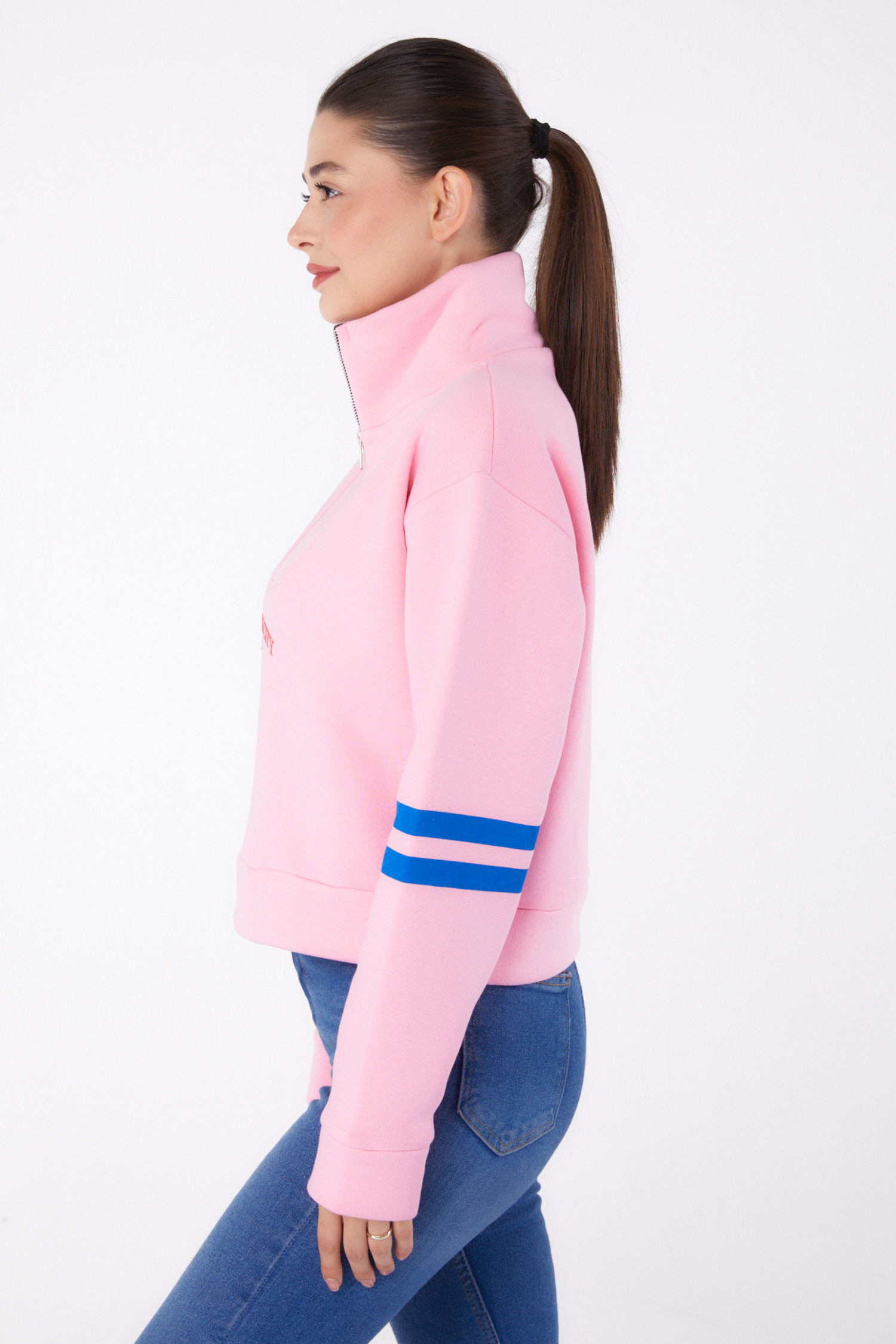 Düz Hakim Yaka Kadın Pembe Fermuarlı sweatshirt - 26381 - 4