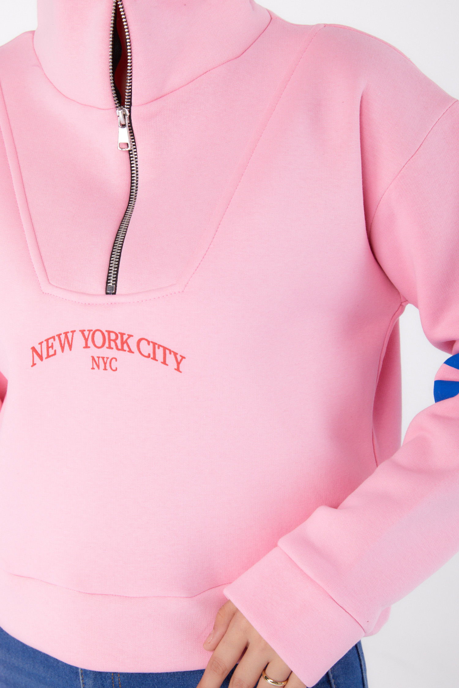 Düz Hakim Yaka Kadın Pembe Fermuarlı sweatshirt - 26381 - 6
