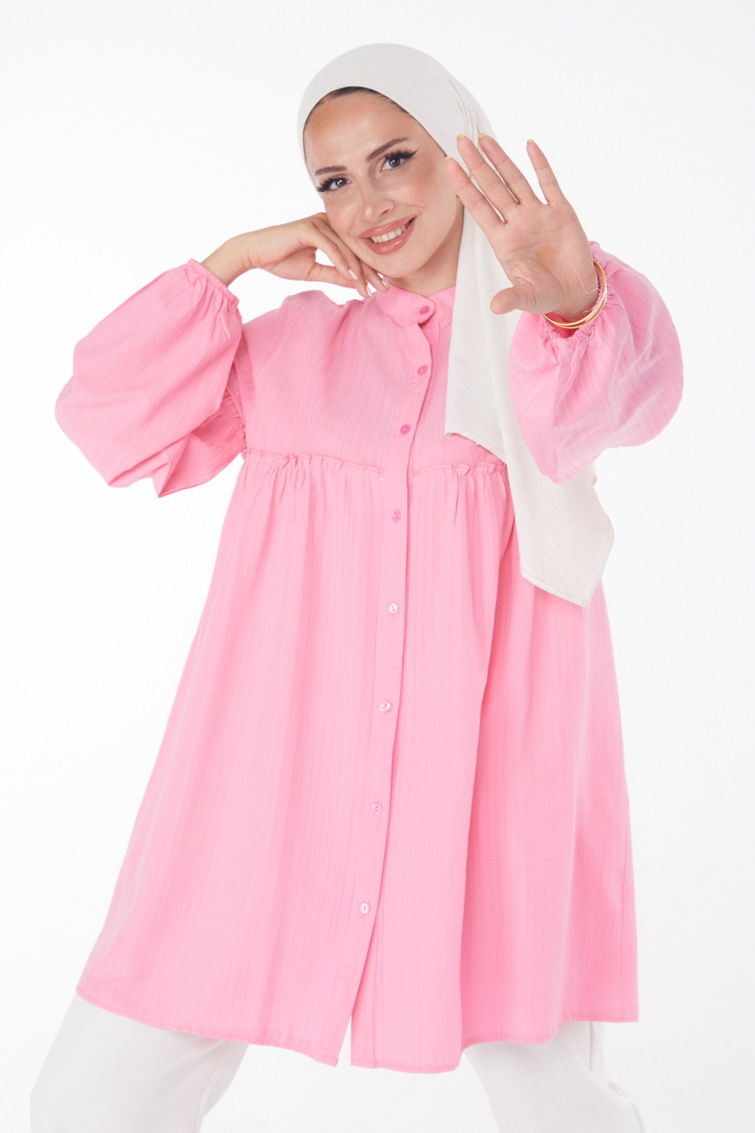 Düz Hakim Yaka Kadın Pembe Fırfırlı Gömlek - 25911 - 1