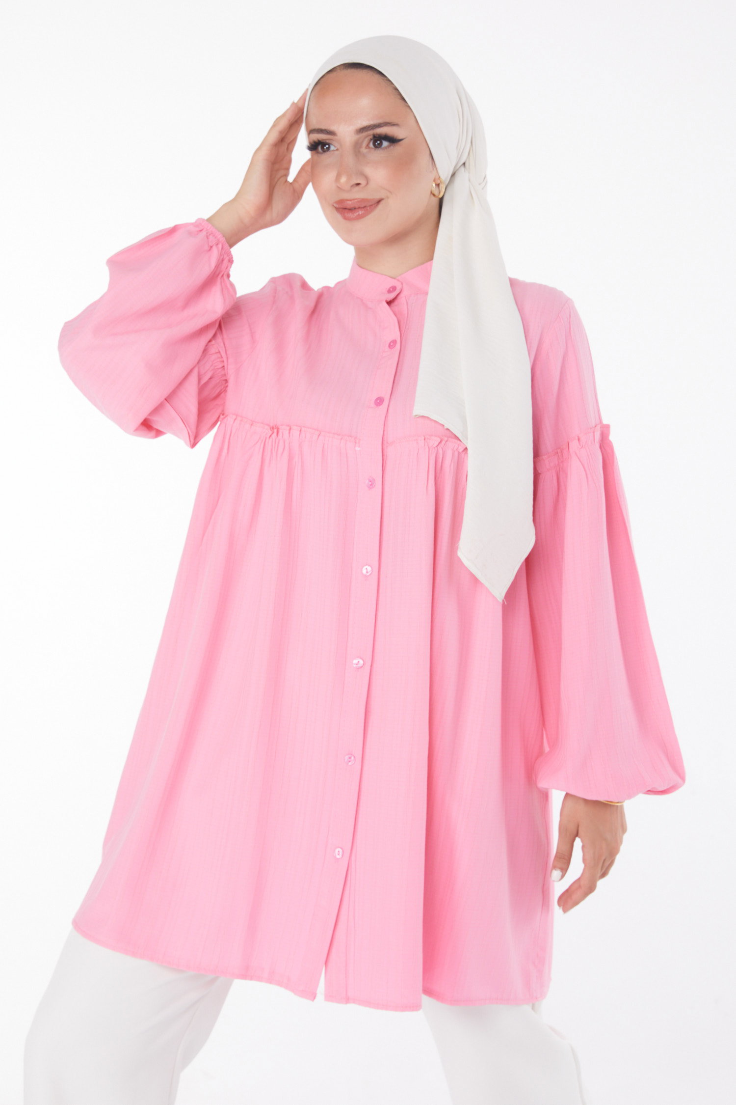 Düz Hakim Yaka Kadın Pembe Fırfırlı Gömlek - 25911 - 2