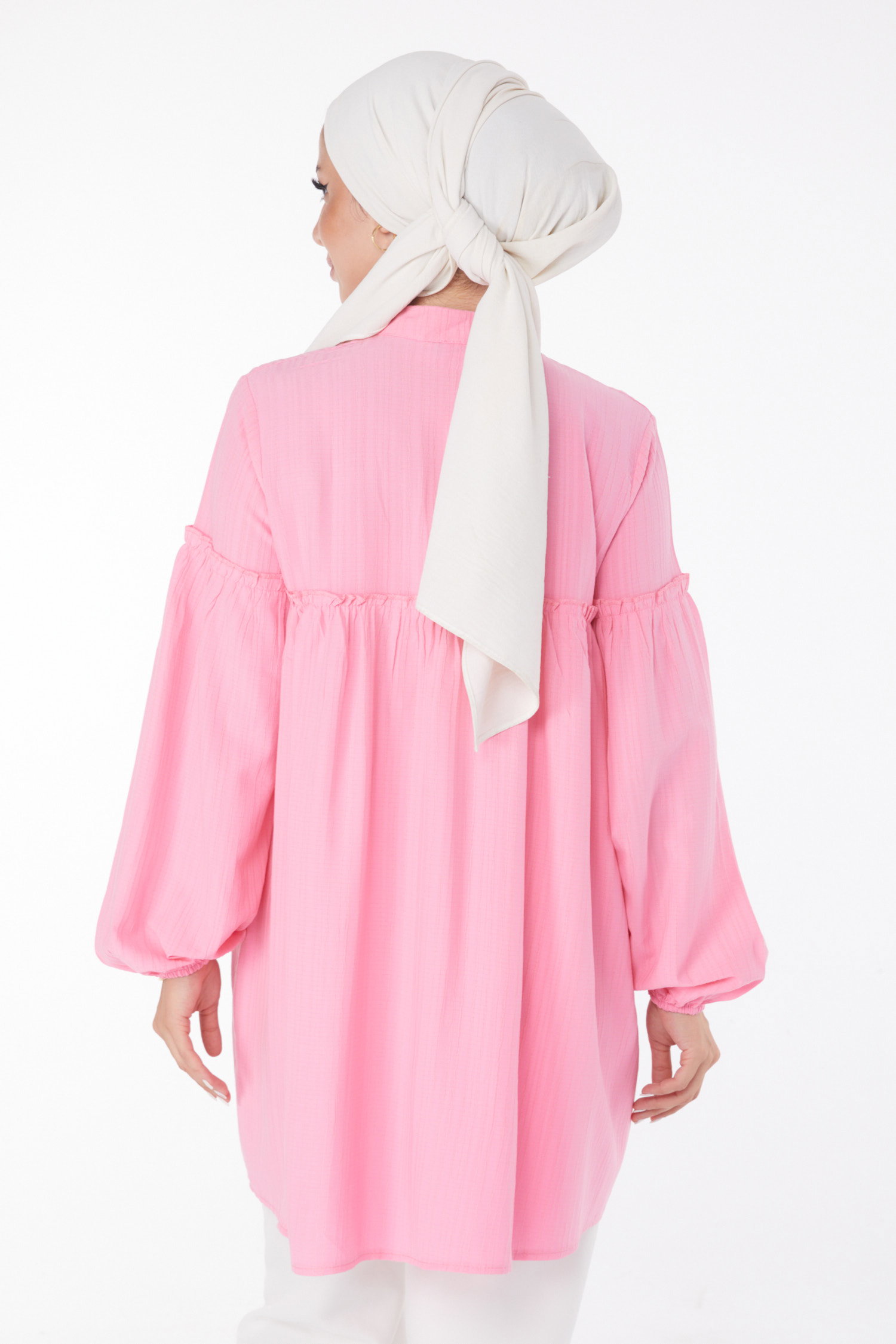 Düz Hakim Yaka Kadın Pembe Fırfırlı Gömlek - 25911 - 4