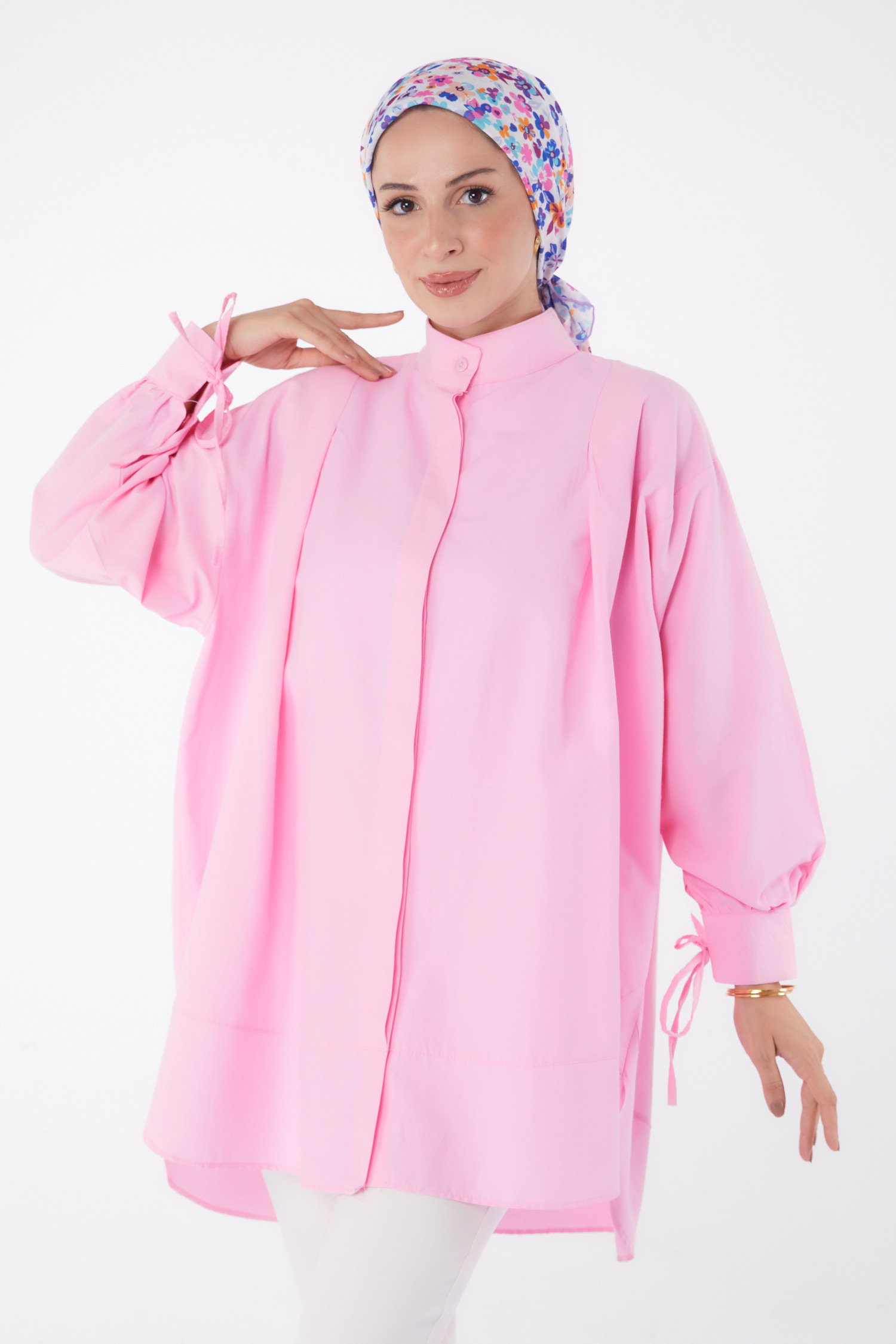 Düz Hakim Yaka Kadın Pembe Kol Biyeli Tunik - 26068 - 1