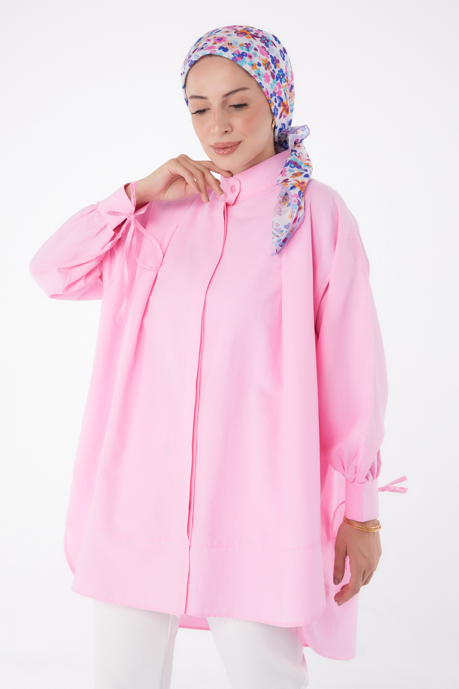 Düz Hakim Yaka Kadın Pembe Kol Biyeli Tunik - 26068 - 2