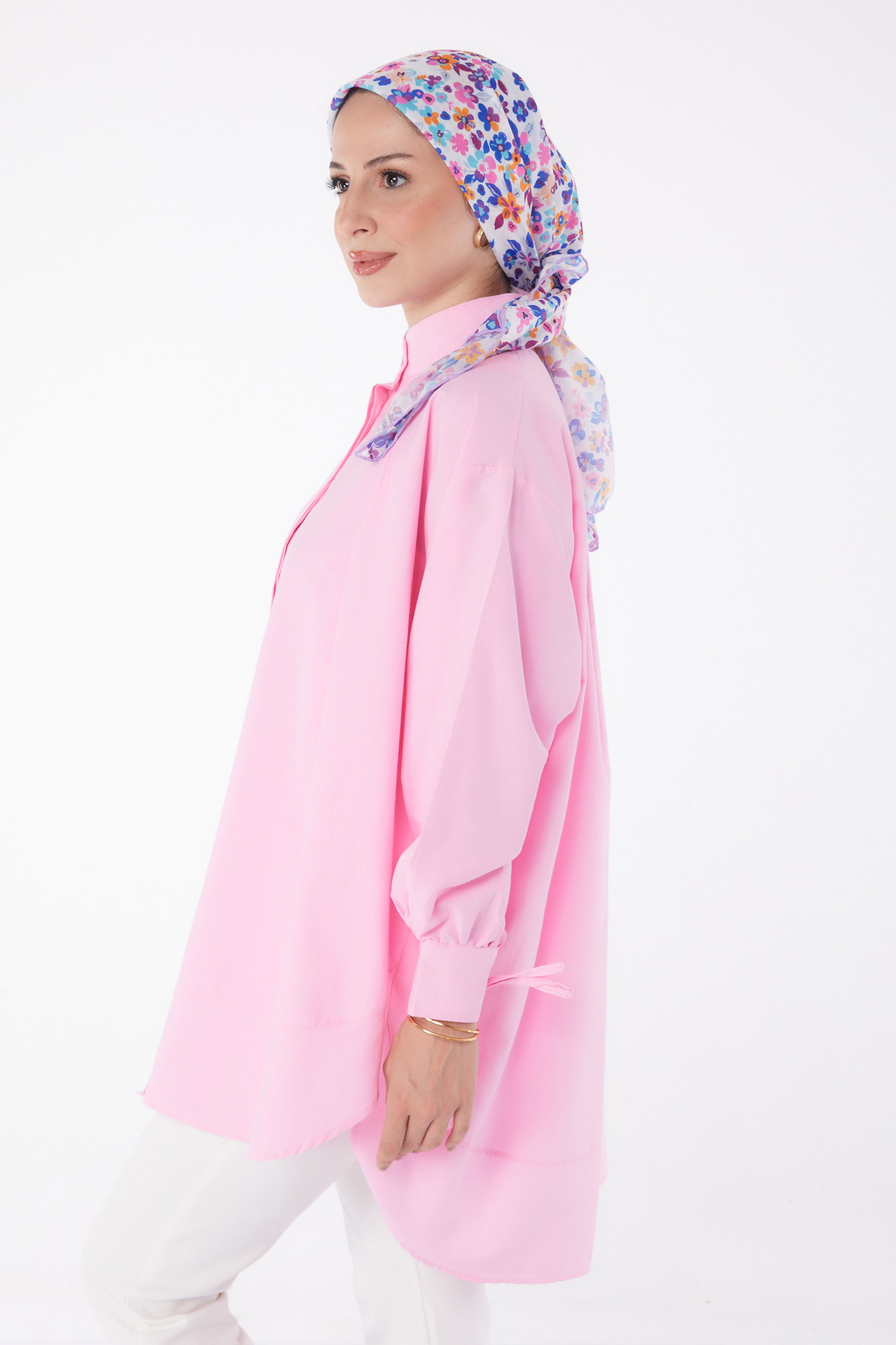 Düz Hakim Yaka Kadın Pembe Kol Biyeli Tunik - 26068 - 3