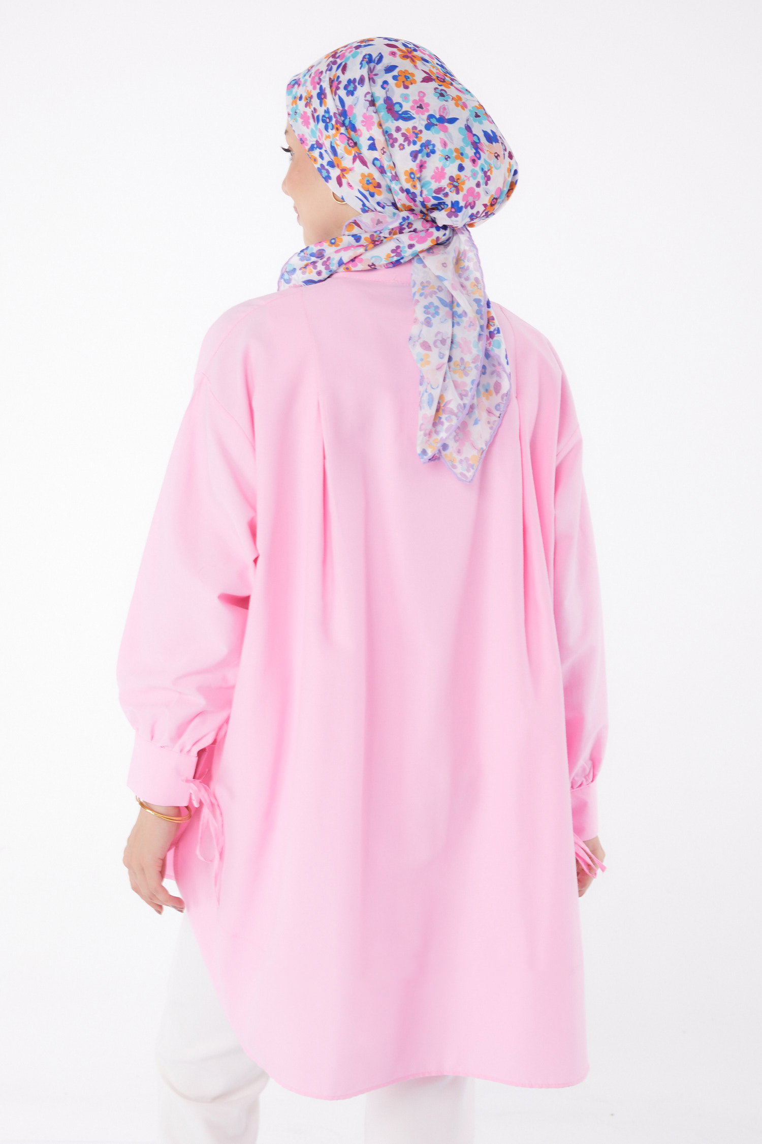Düz Hakim Yaka Kadın Pembe Kol Biyeli Tunik - 26068 - 4