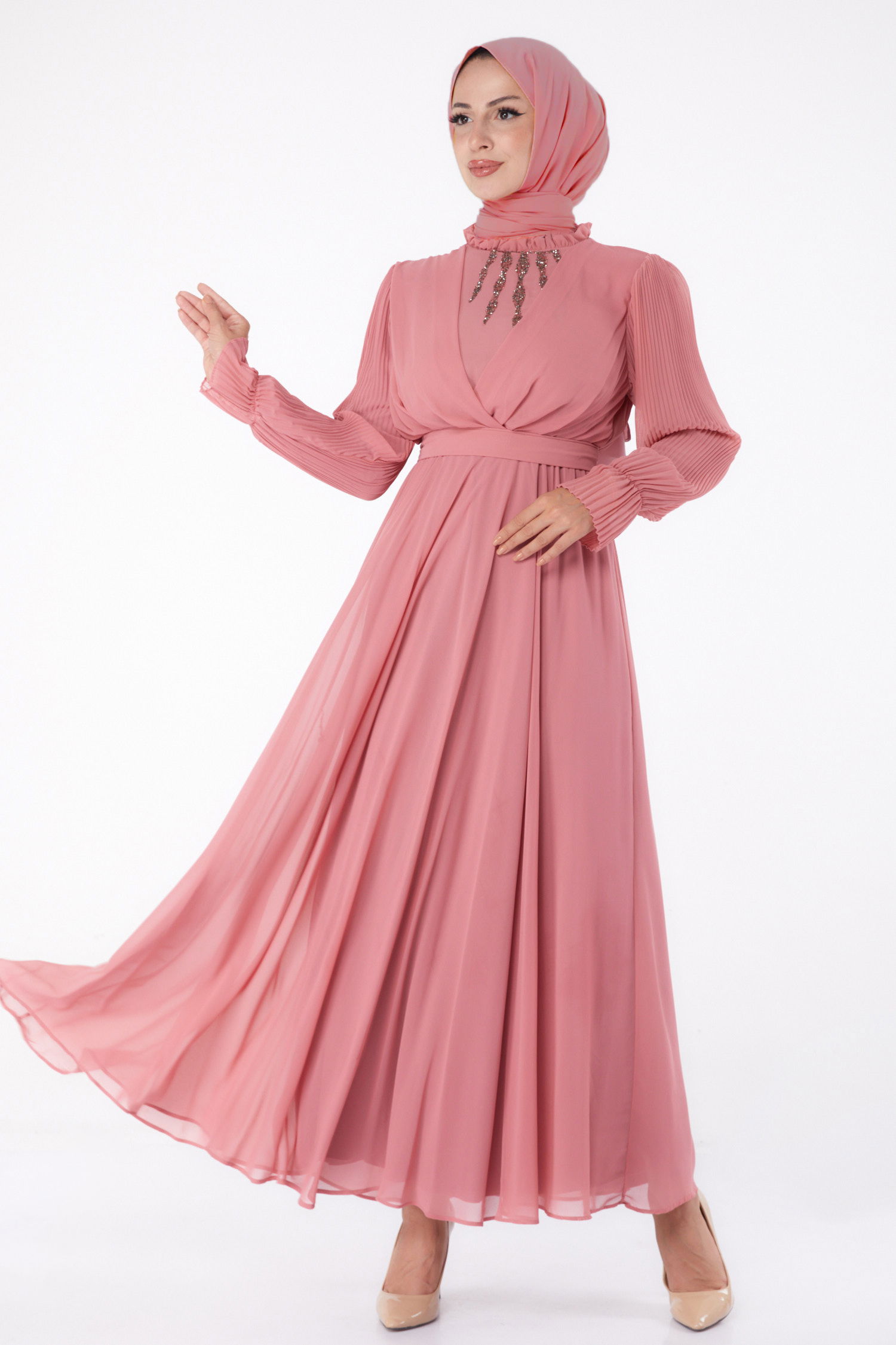 Düz Hakim Yaka Kadın Pembe Taşlı Şifon Elbise - 26256 - 1