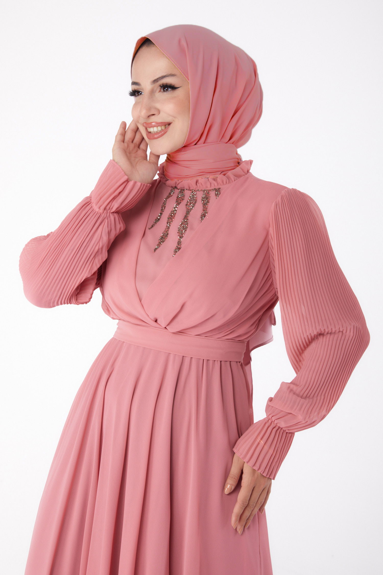 Düz Hakim Yaka Kadın Pembe Taşlı Şifon Elbise - 26256 - 3