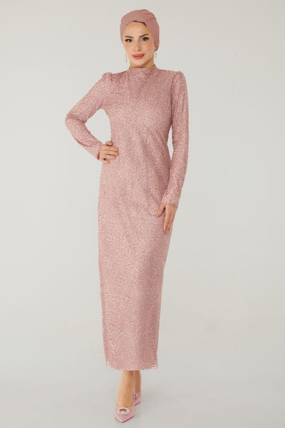 Düz Hakim Yaka Kadın Pudra Işıltılı Abiye Elbise - 26520 