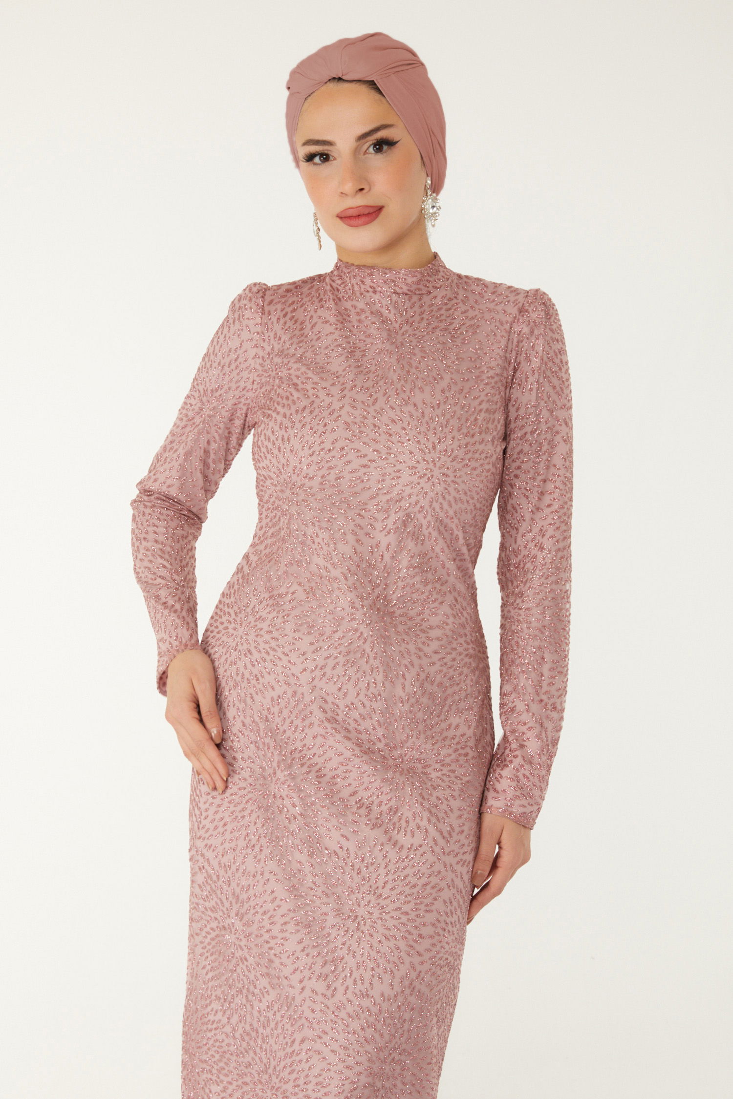 Düz Hakim Yaka Kadın Pudra Işıltılı Abiye Elbise - 26520 - 2