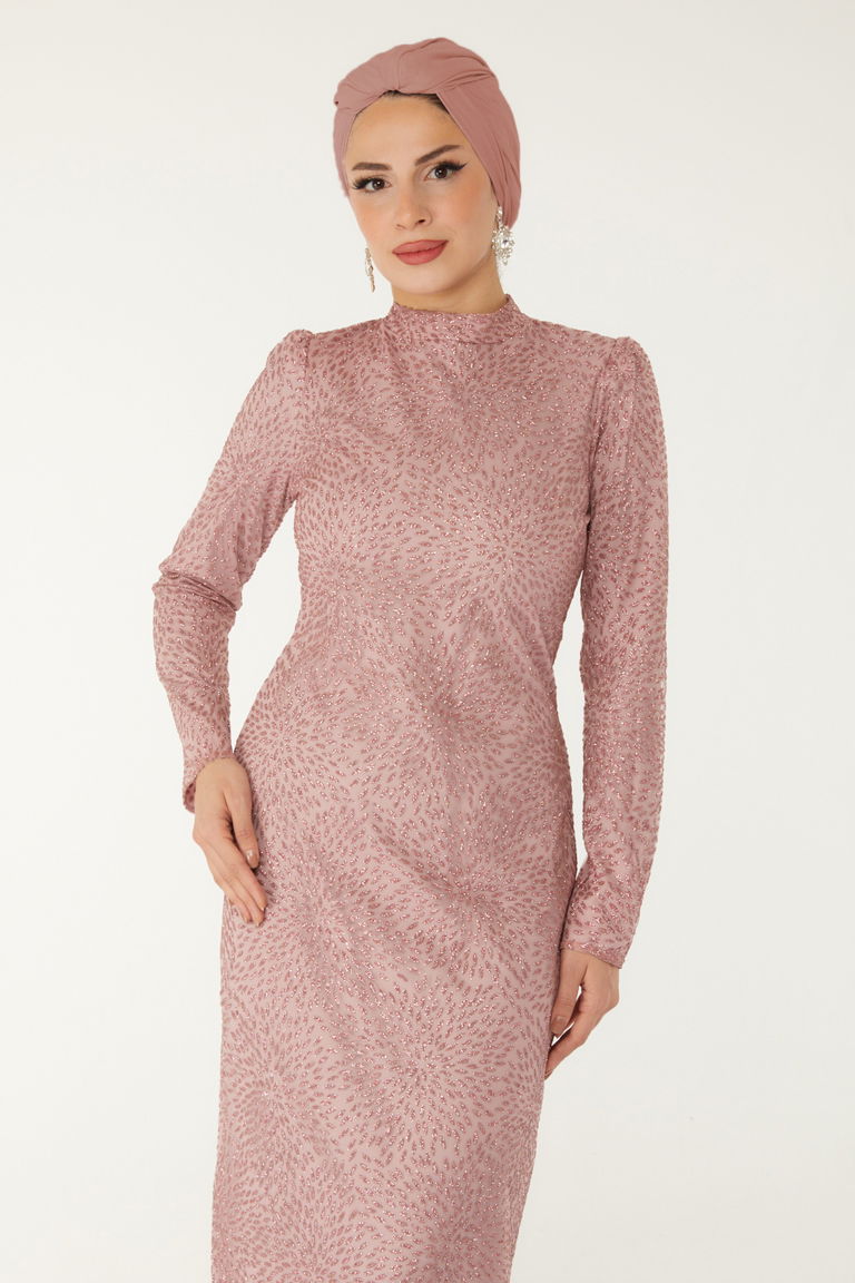 Düz Hakim Yaka Kadın Pudra Işıltılı Abiye Elbise - 26520 - TOFİSA