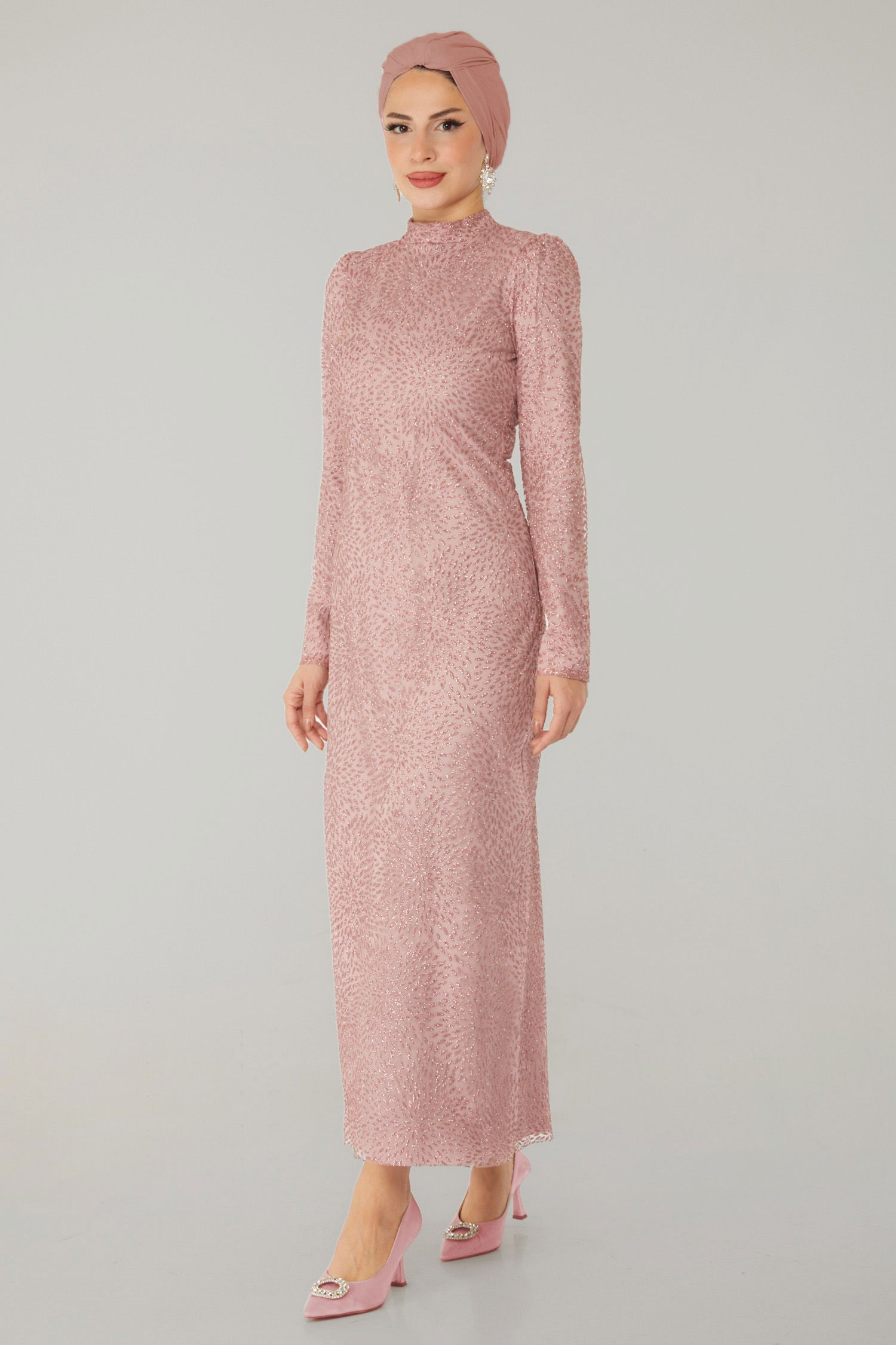 Düz Hakim Yaka Kadın Pudra Işıltılı Abiye Elbise - 26520 - 4