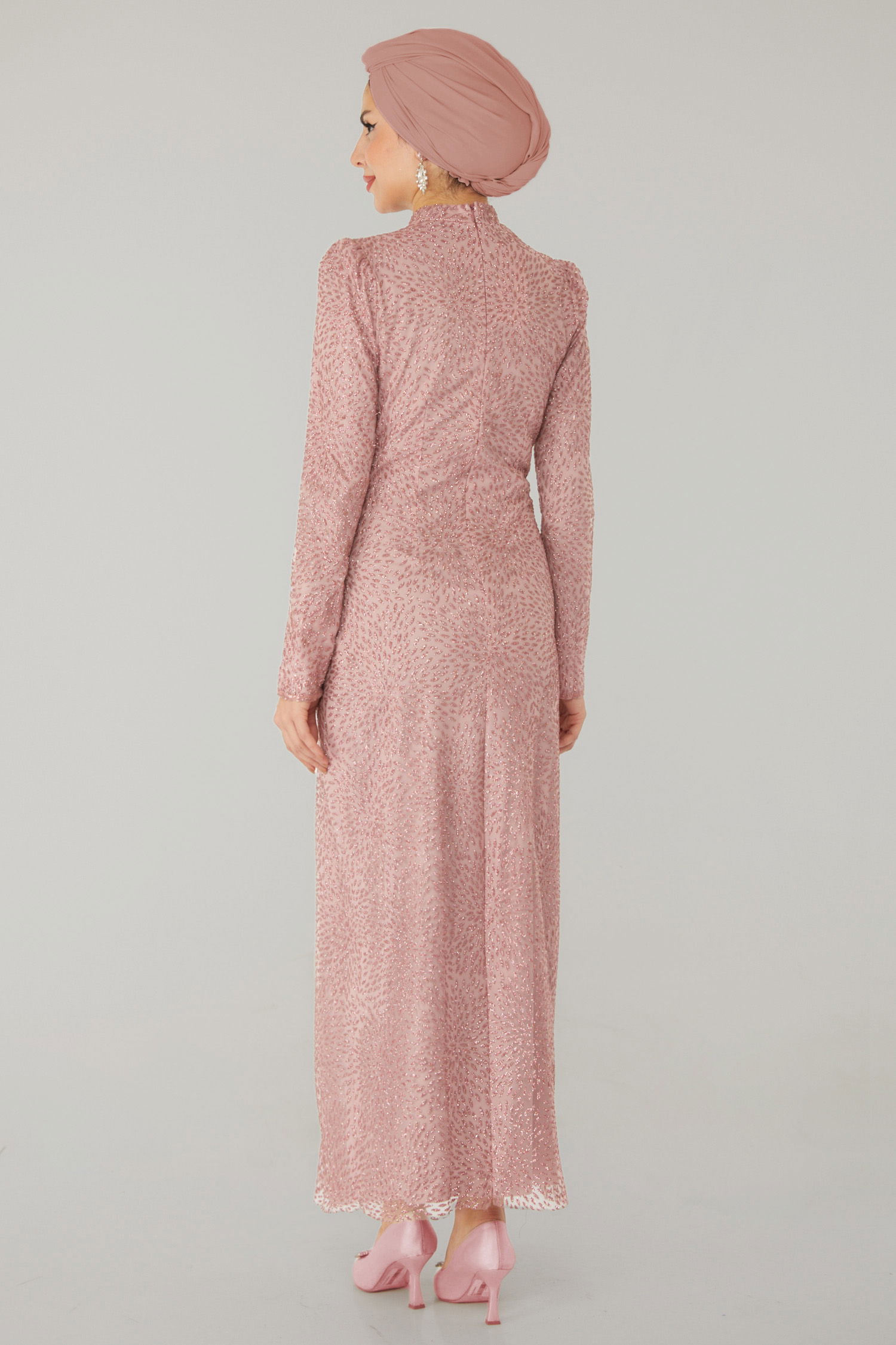 Düz Hakim Yaka Kadın Pudra Işıltılı Abiye Elbise - 26520 - 5