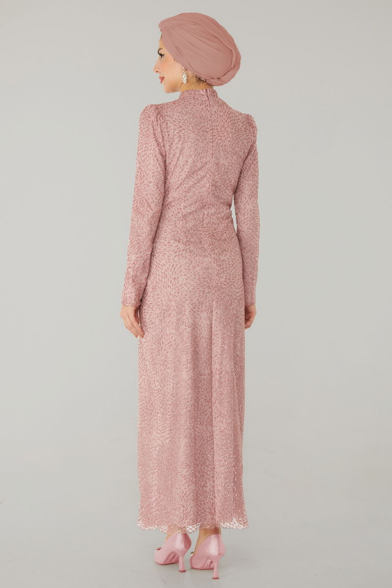 Düz Hakim Yaka Kadın Pudra Işıltılı Abiye Elbise - 26520 - TOFİSA