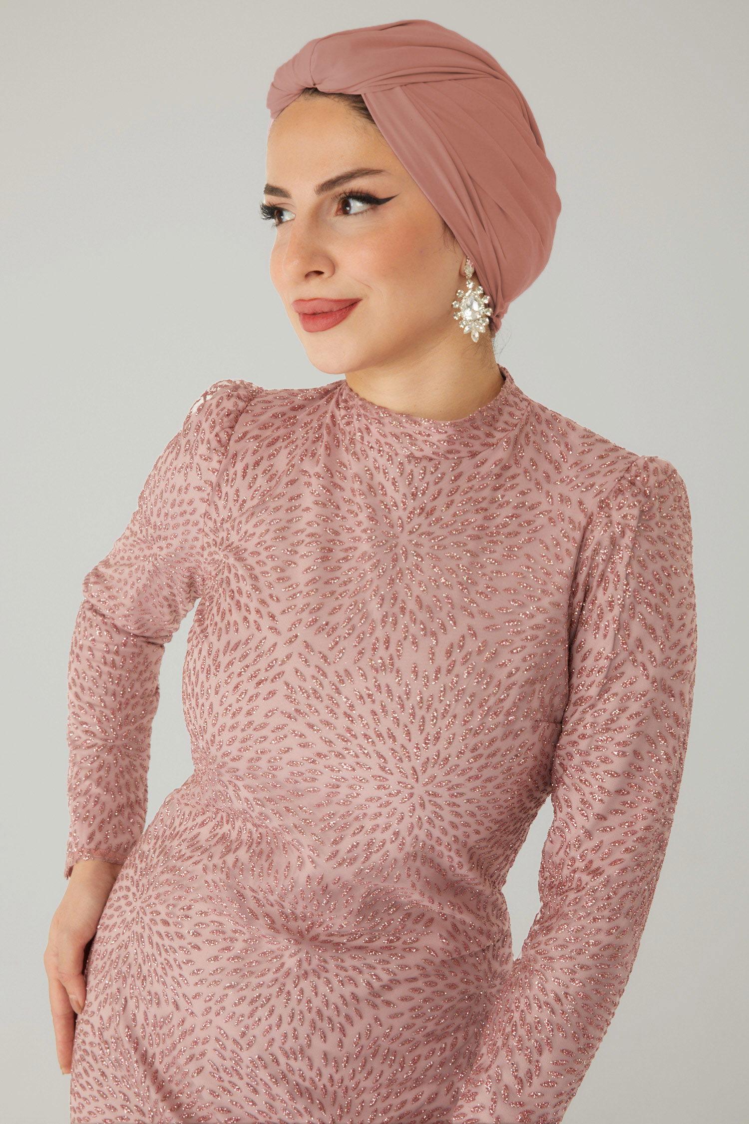 Düz Hakim Yaka Kadın Pudra Işıltılı Abiye Elbise - 26520 - 6