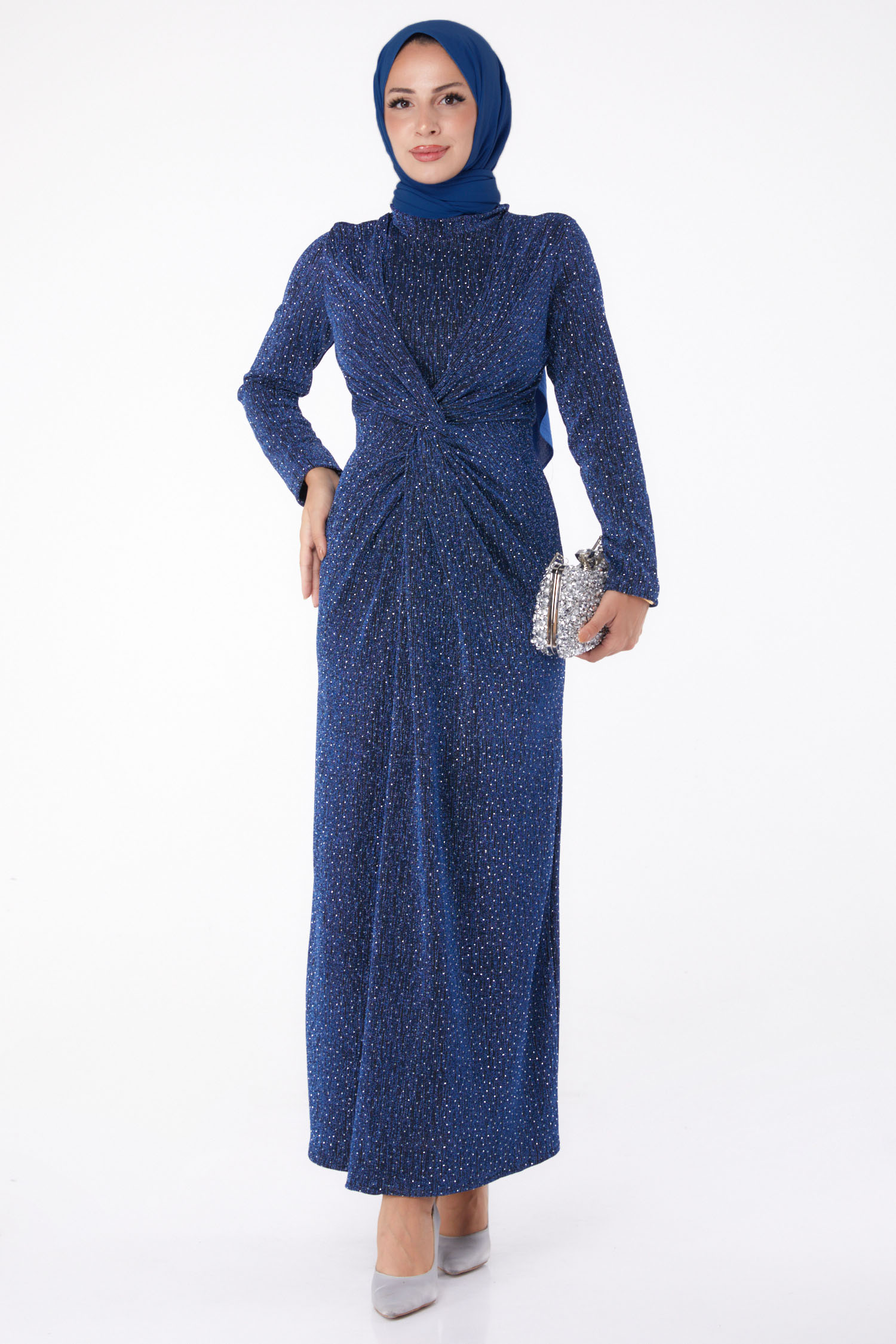 Büzgülü Abiye Elbise Saks - 26273 - 1