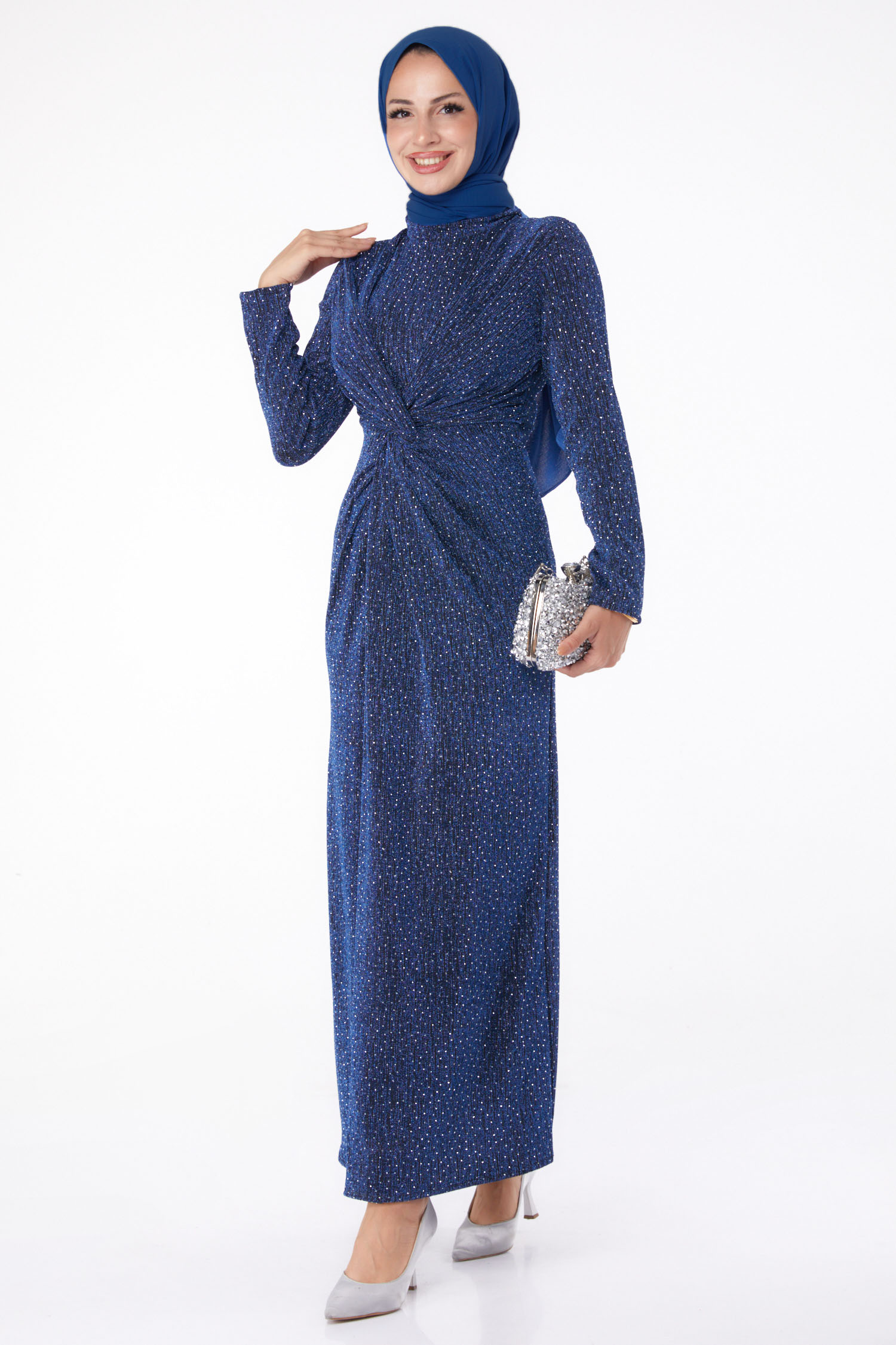 Büzgülü Abiye Elbise Saks - 26273 - 2
