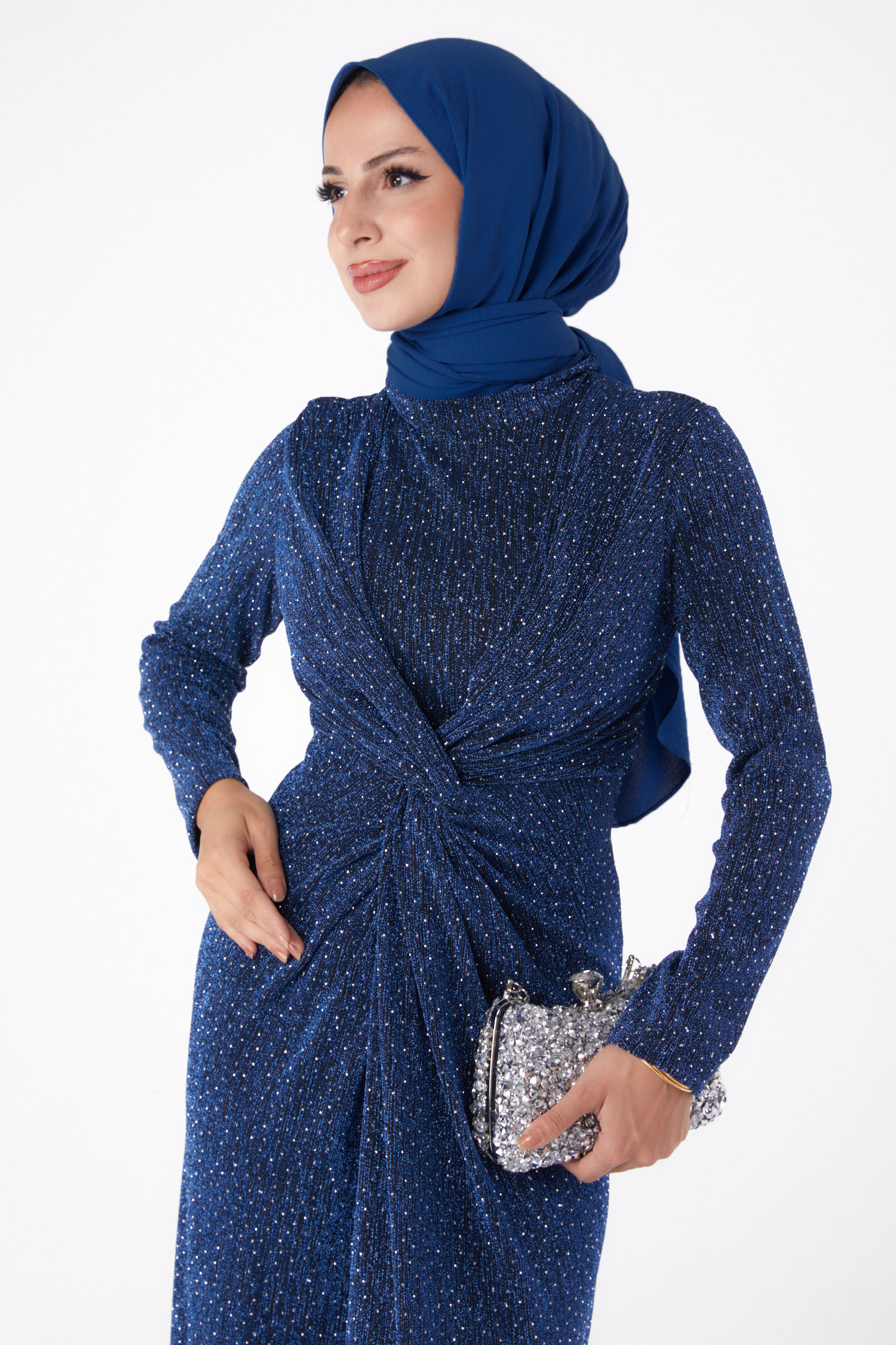 Büzgülü Abiye Elbise Saks - 26273 - 3