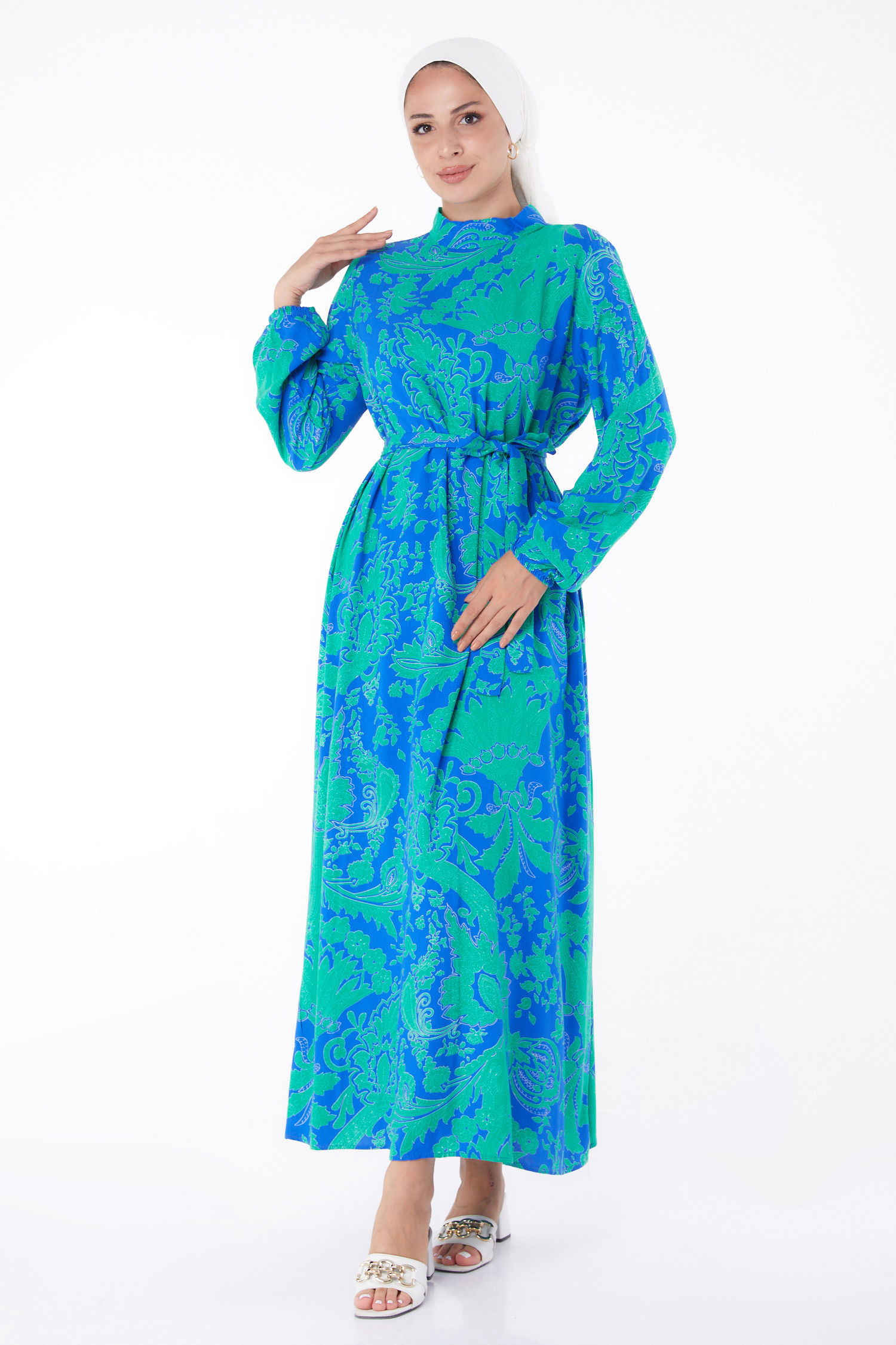 Desenli Elbise Saks - 13271 - 1