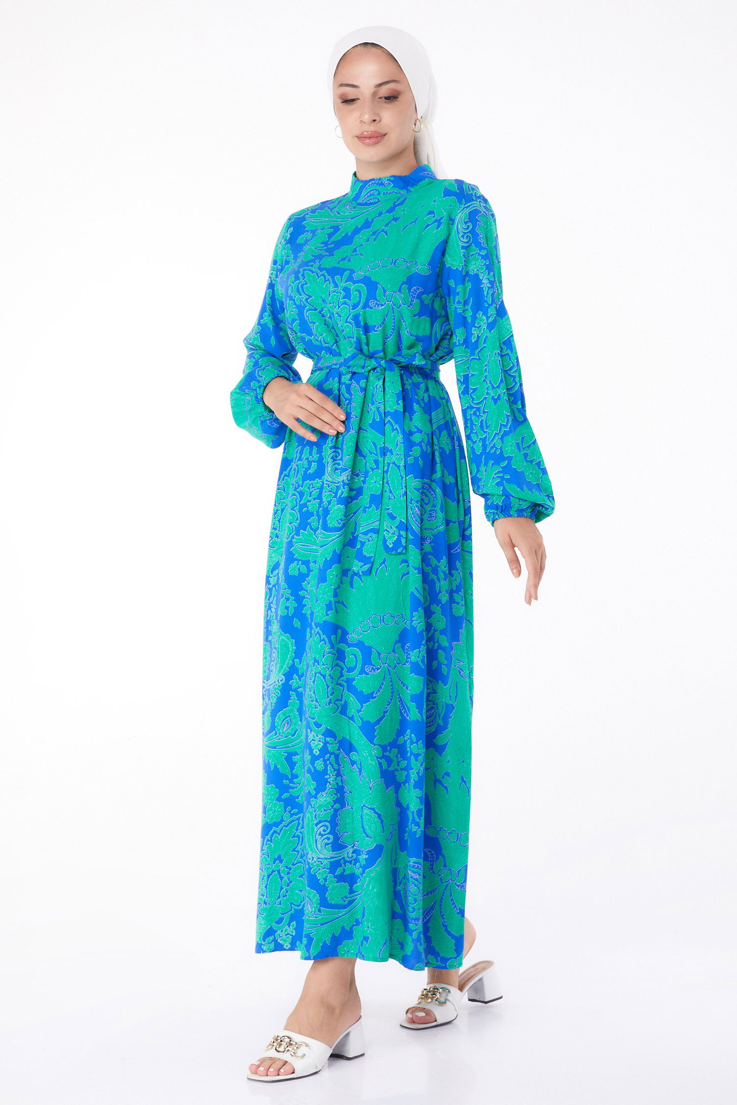 Desenli Elbise Saks - 13271 - 2