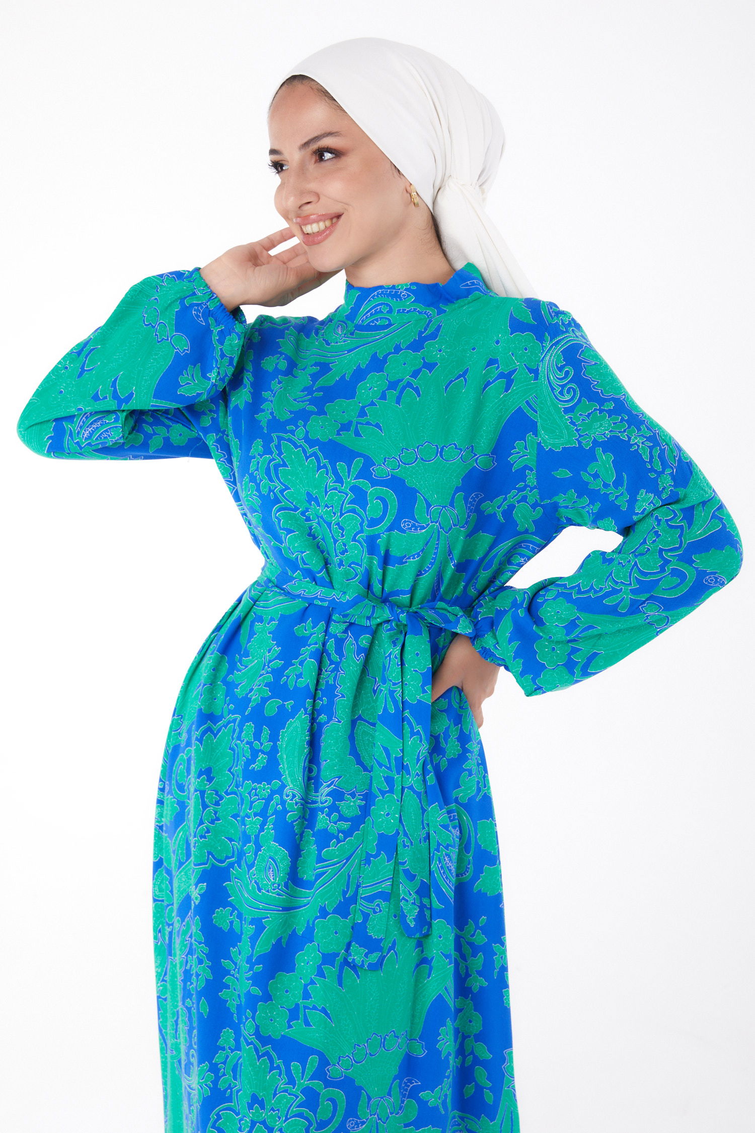 Desenli Elbise Saks - 13271 - 3