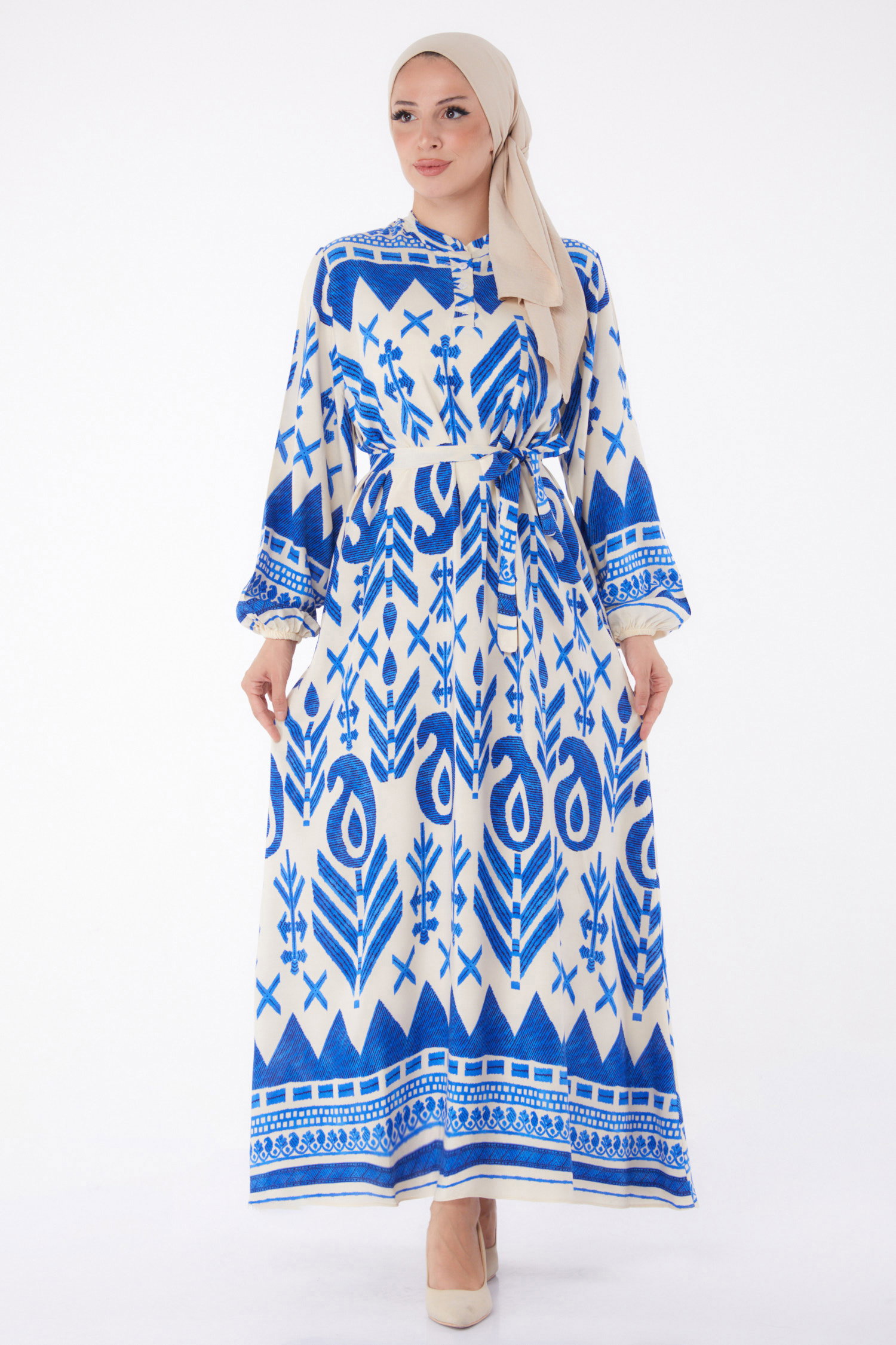 Desenli Kuşaklı Elbise Saks - 26016 - 1