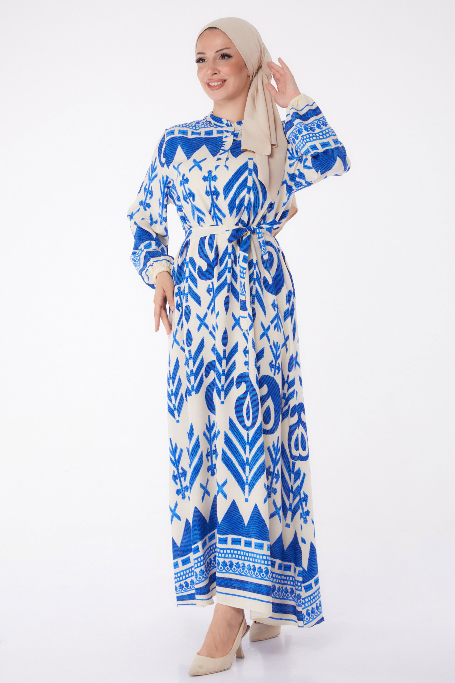Desenli Kuşaklı Elbise Saks - 26016 - 2