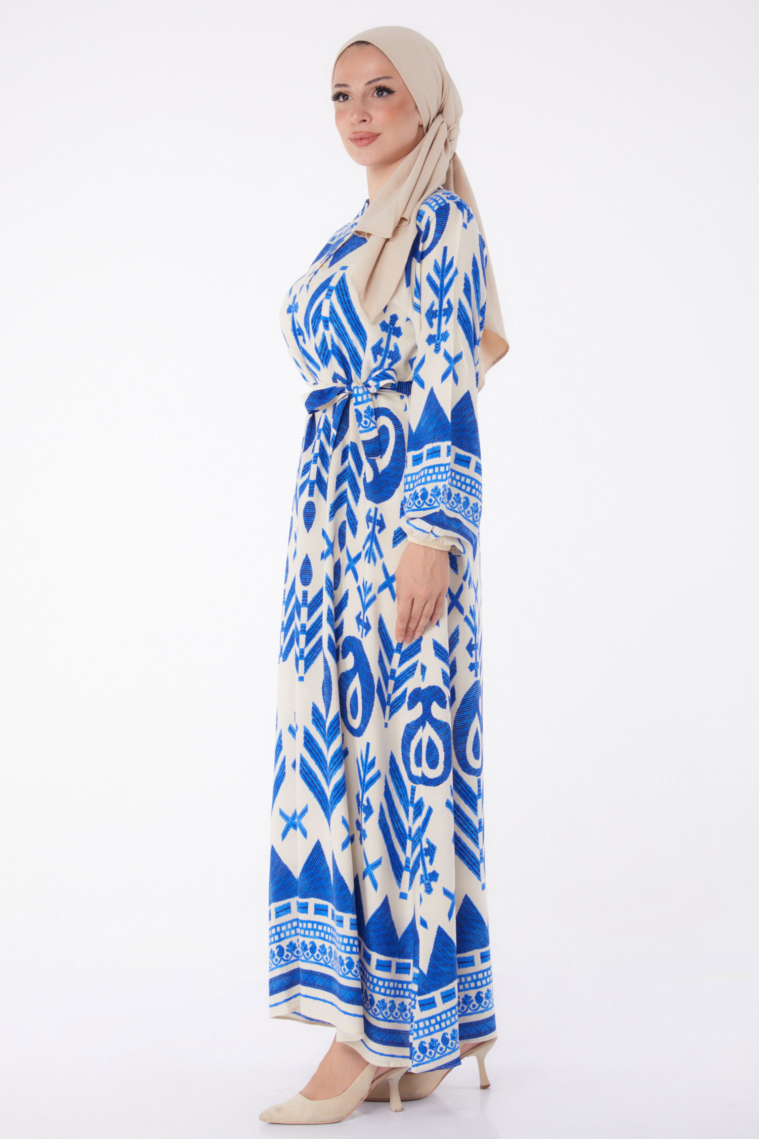 Desenli Kuşaklı Elbise Saks - 26016 - 3