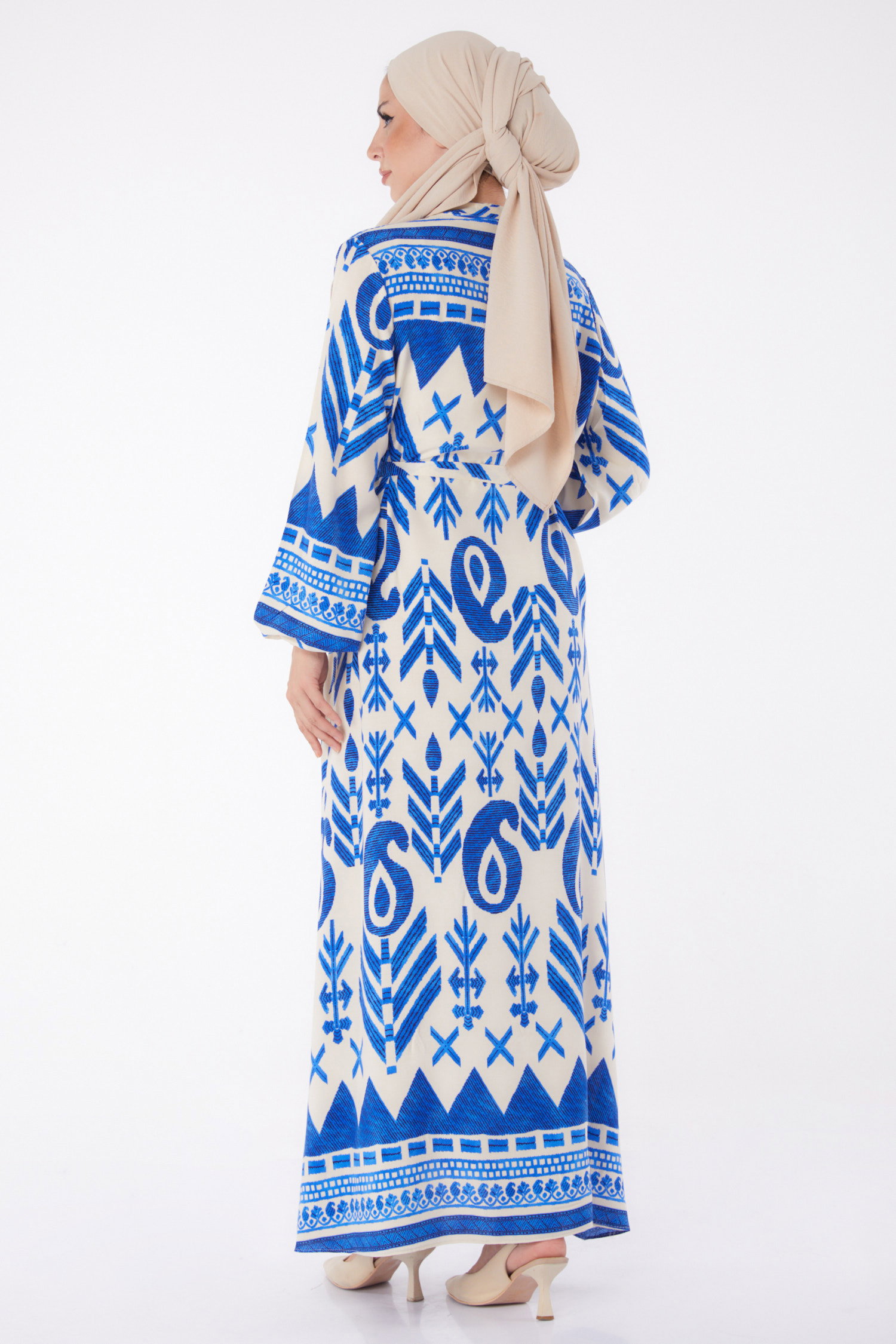 Desenli Kuşaklı Elbise Saks - 26016 - 5