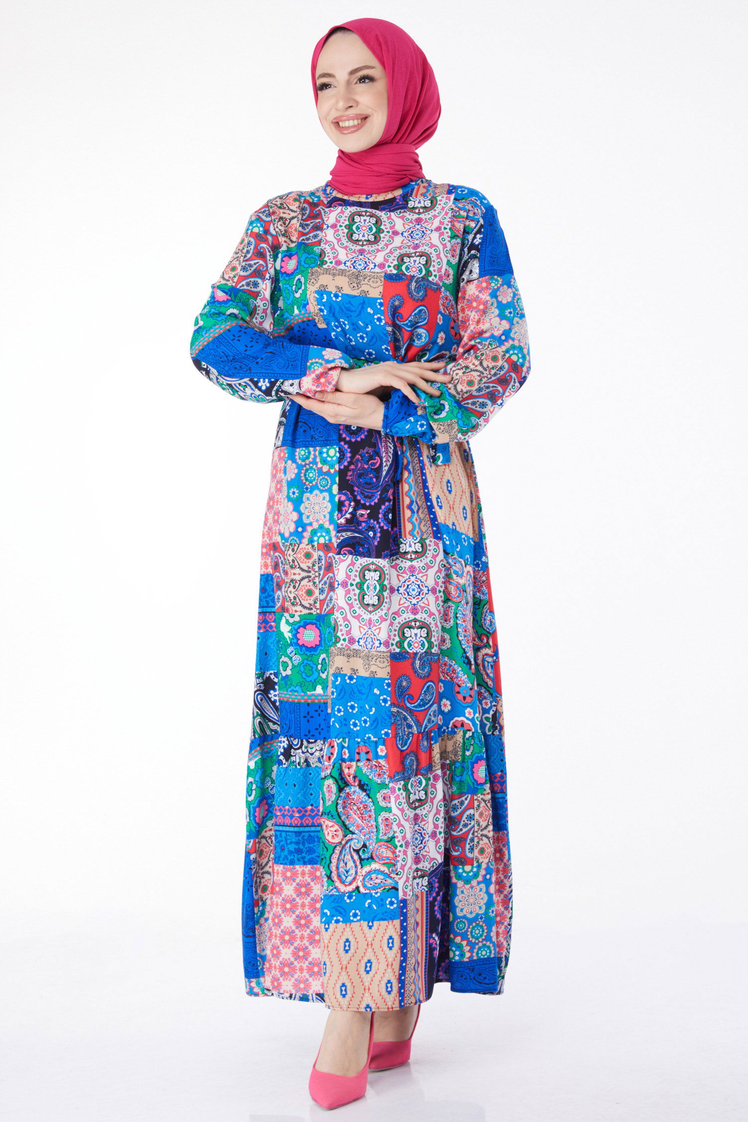 Düz Hakim Yaka Kadın Saks Desenli Renkli Elbise - 24994 - 14