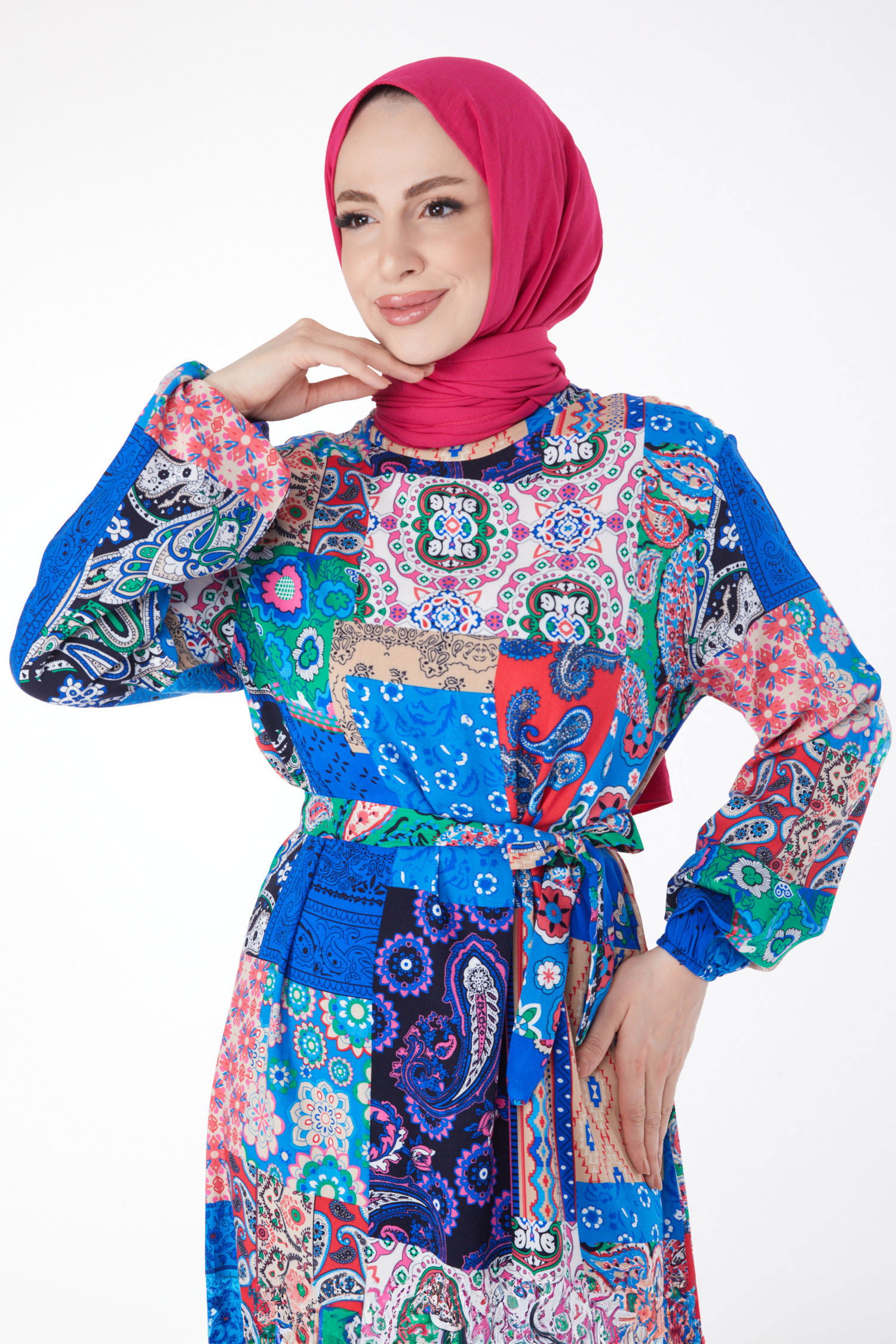 Düz Hakim Yaka Kadın Saks Desenli Renkli Elbise - 24994 - 15