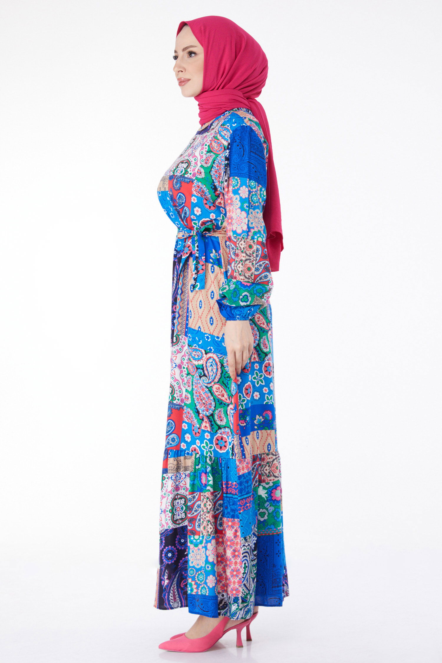 Düz Hakim Yaka Kadın Saks Desenli Renkli Elbise - 24994 - 9